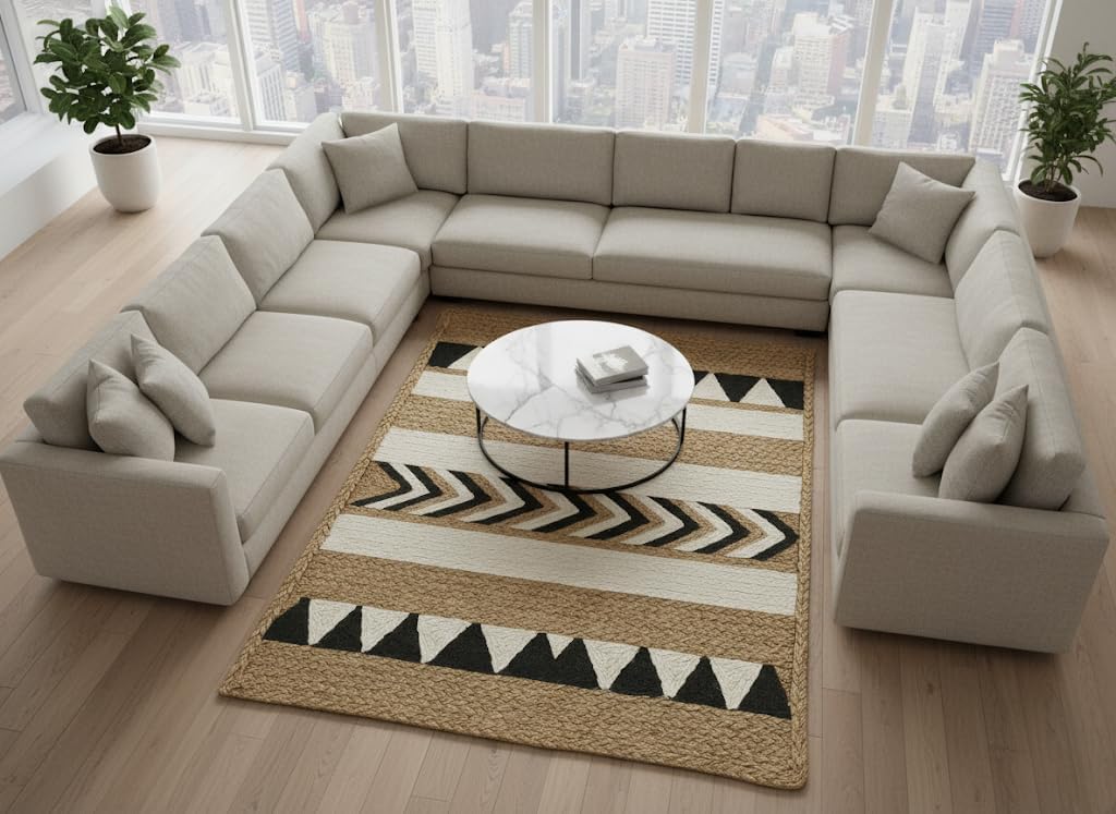 Premium Quality Jute Rug 12x15 Feet Area Rug Natural Fiber Jute Rugs Thick 0.27" White & Black Geometric Rugs for Kids Room, Bedroom, Home Decor, Indoor Outdoor Carpet