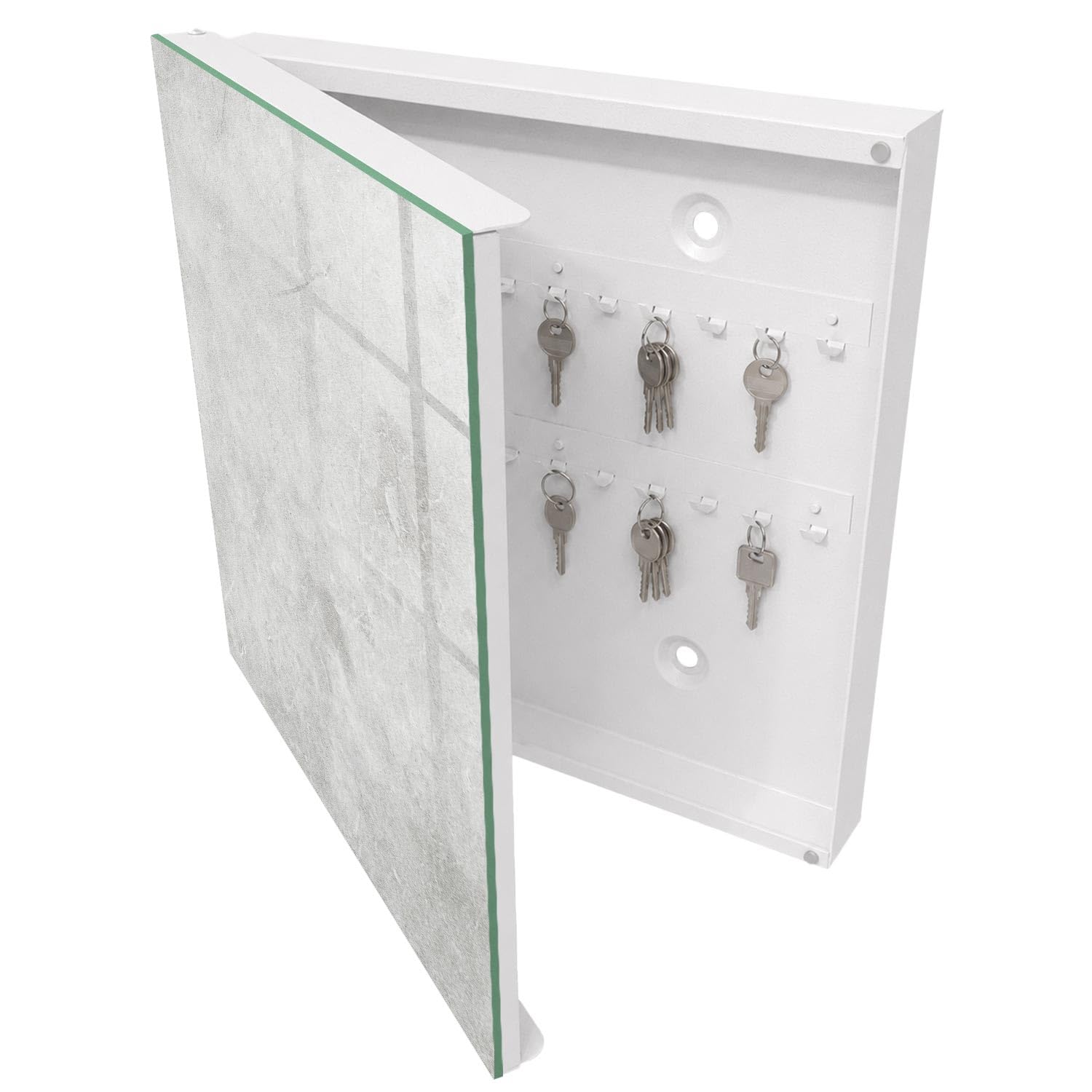 Armadietto Portachiavi 30x30 cm | Bianco | A Sinistra | Montaggio a Parete | Pietra grigia | Tasselli e Viti Inclusi | Frontale Decorativo in Vetro Temperato | per Uffici | in Metallo