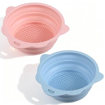 2PCS Foldable Makeup Brush Cleaner Bowl, Silicone Cleaning Mat, Portable Makeup Brush Cleaner Tool for Brushes Sponges Light Blue & Light Red