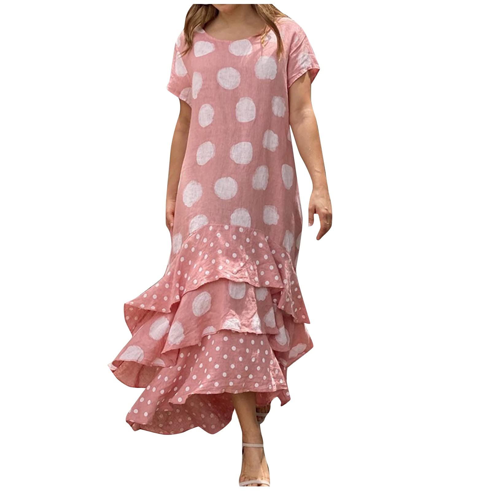 Dress for Women 2023 Spring Crewneck Patchwork Boho Floral Dress Short Sleeve Ruffle Midi Dress Casual Beach Dress