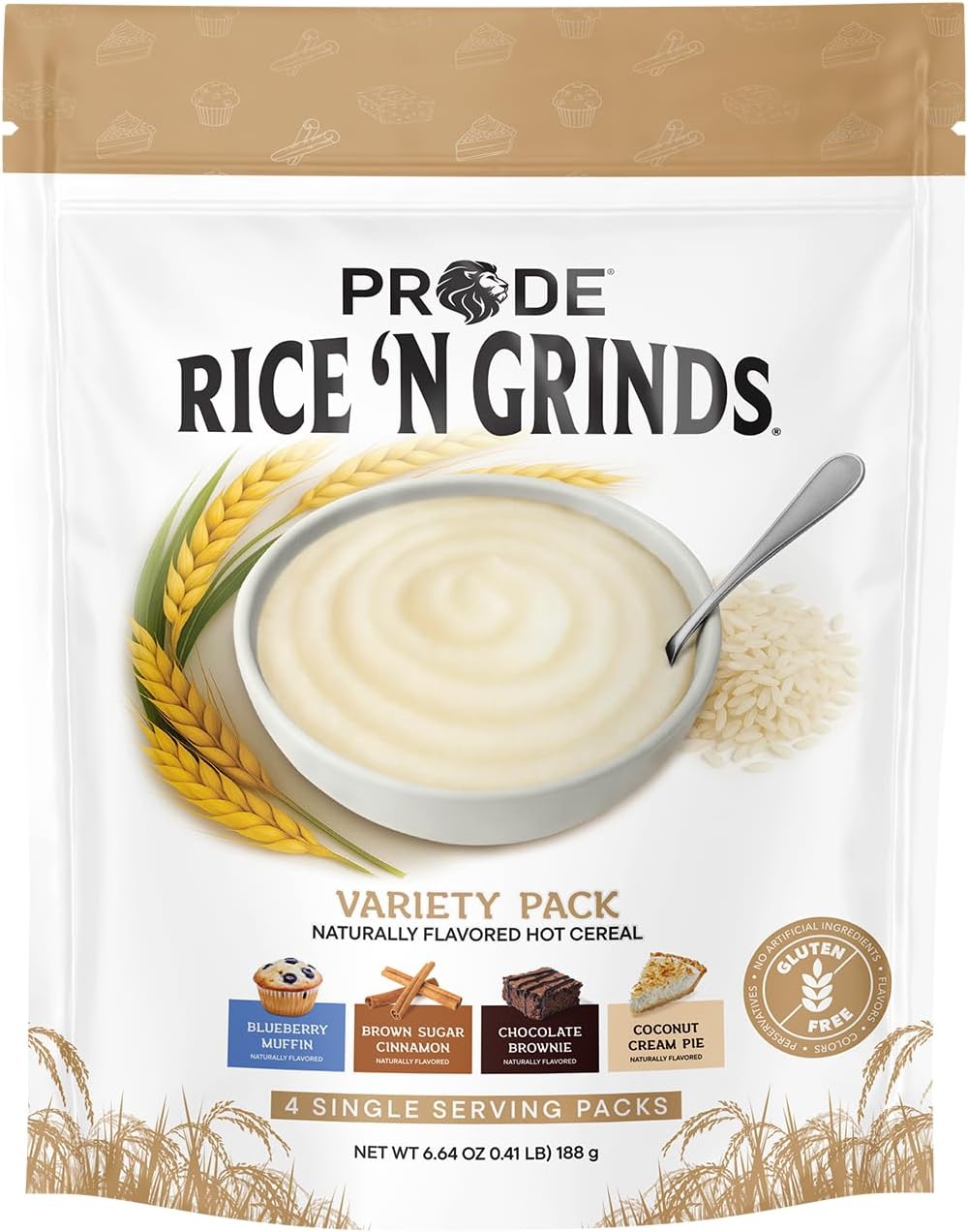 Pride Foods Rice 'N Grinds Hot Cereal - Gluten-Free, Non-GMO, Vegan-Friendly, Natural Rice Breakfast, Quick & Easy Hot Meal, Low-Fat Comfort Food, 4 Servings, Variety Pack
