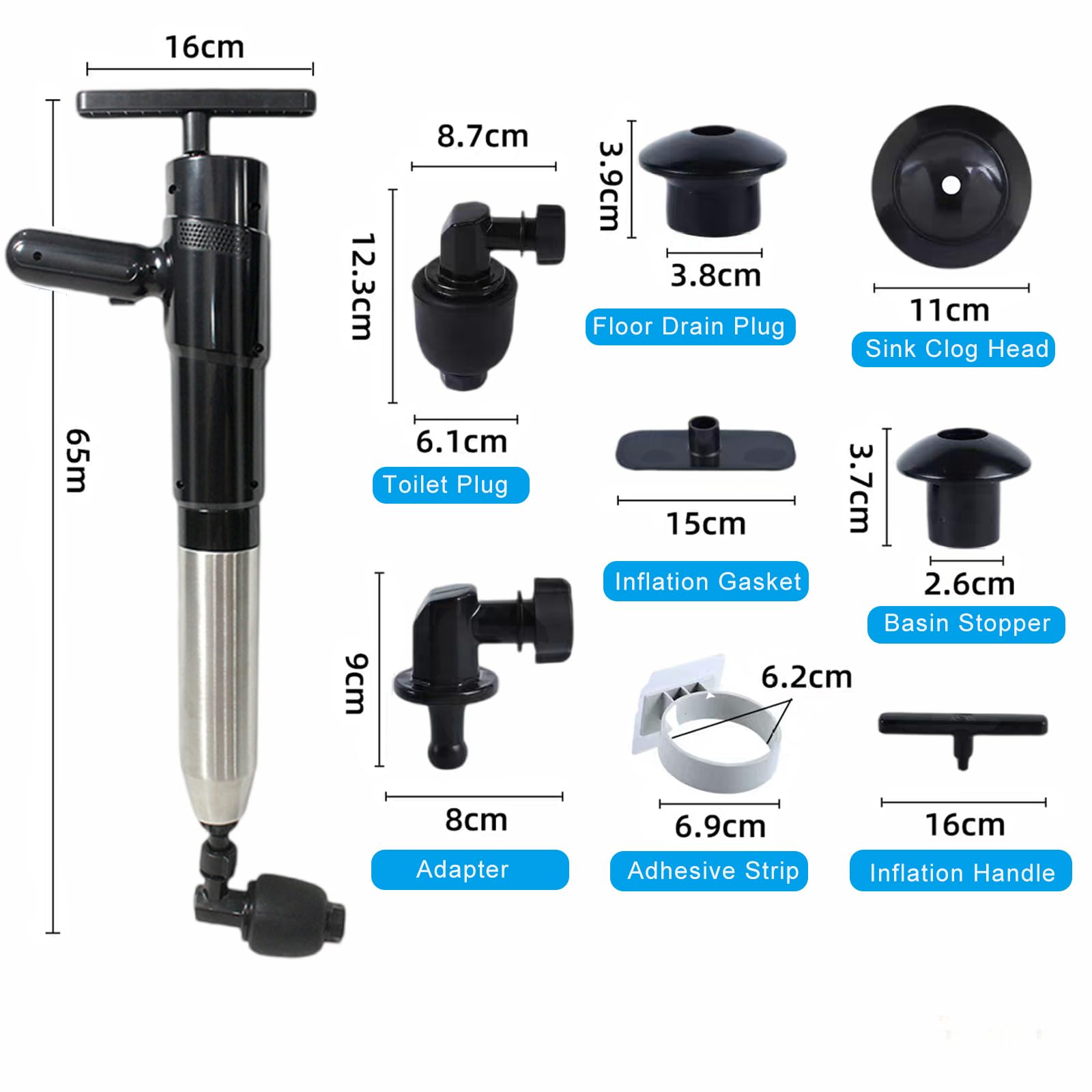 Limpiador de tuberías de aire comprimido de alta presión con compresión de aire, 4 ventosas, para inodoro, lavabo, baño, ducha, cocina, indicador de presión (negro)