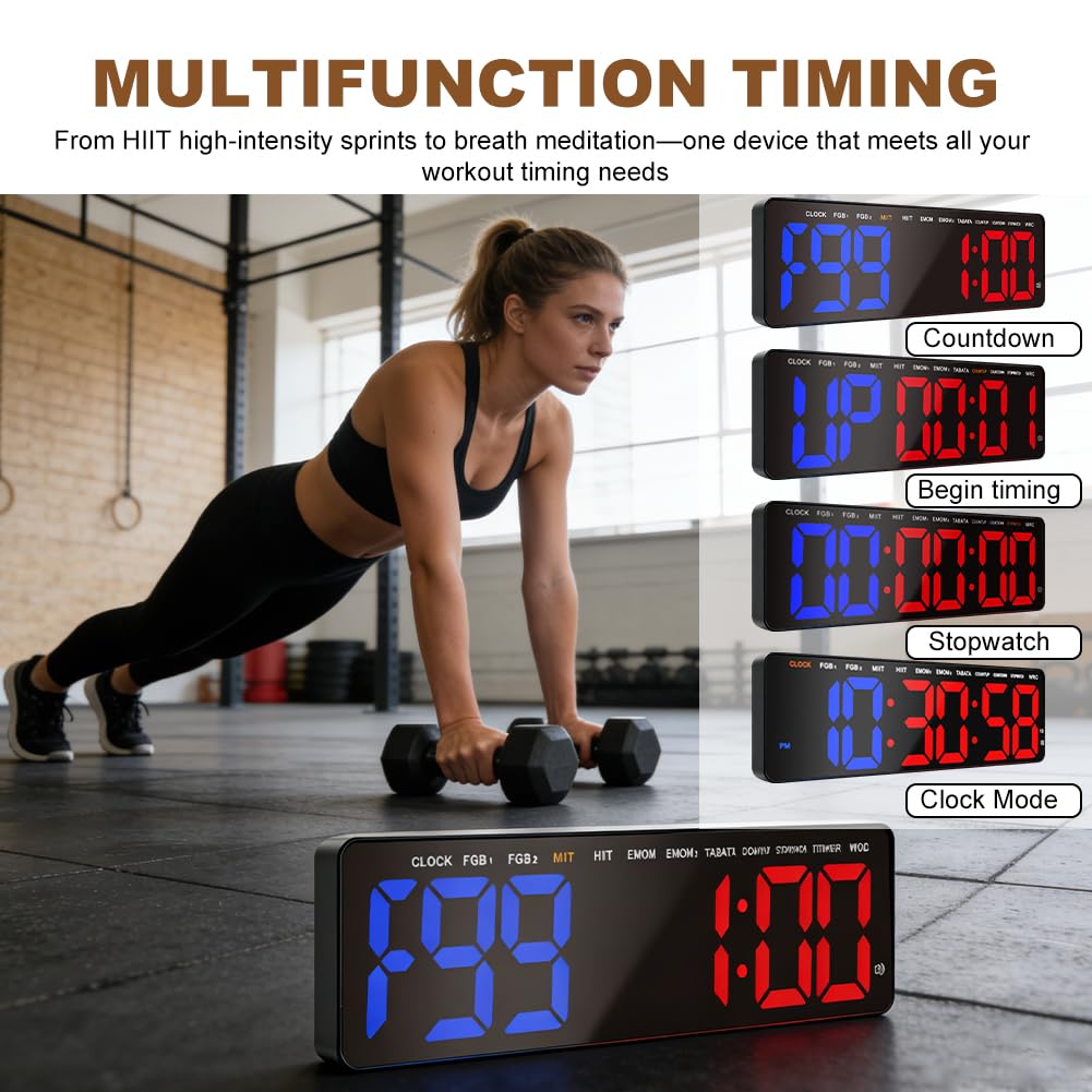 Siłownia timer, timer interwałowy z odliczaniem / up, stoper, duży, 16,5" LED, cyfrowy zegar ścienny do treningu fitness, HIIT, Tabata, domu, garażu