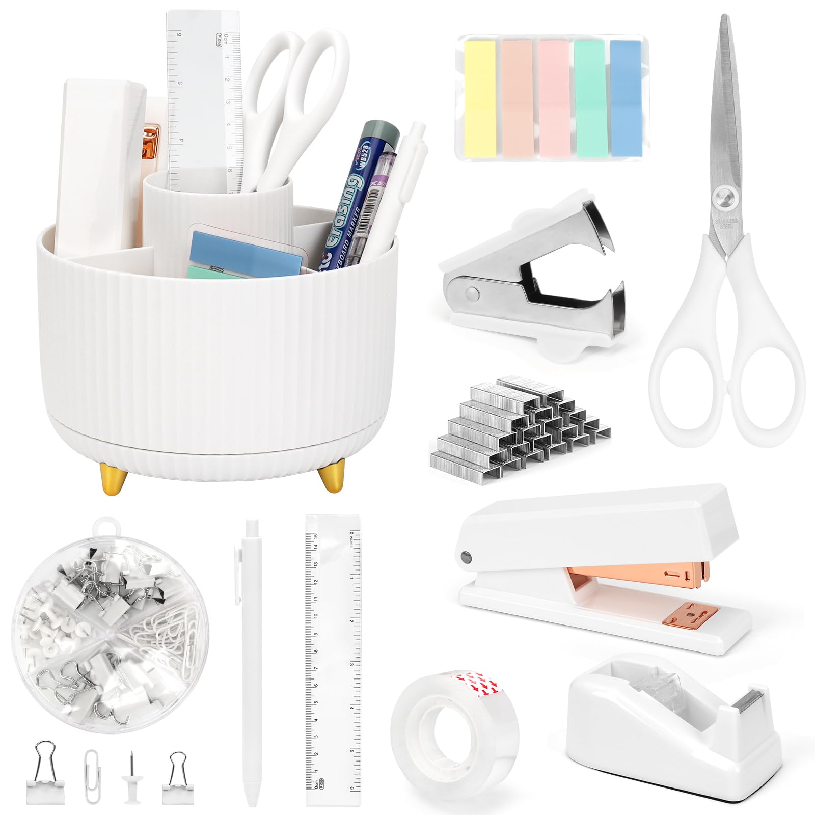 13-in-1 Stationery Set, White Desk Accessory with Pen Pot, Tape Dispenser, Stapler & Staple Set, Scissor, Ruler