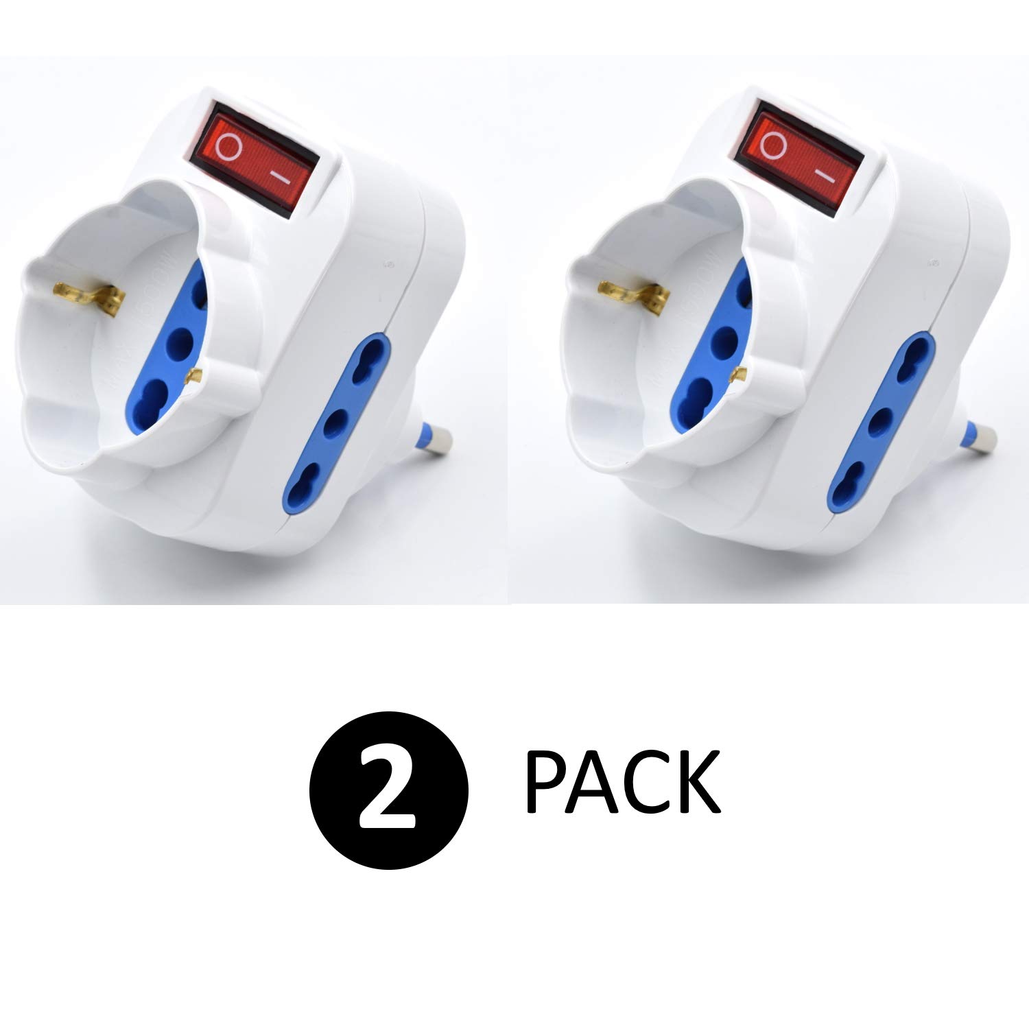 Zestaw 2 Potrójny adapter do wielu gniazd,z zabezpieczeniem przed przeciążeniem i wyłącznikiem ON/OFF,Adaptery Schuko do wtyczki 16A,Wtyczka obrotowa,Biały,2 Pakiet