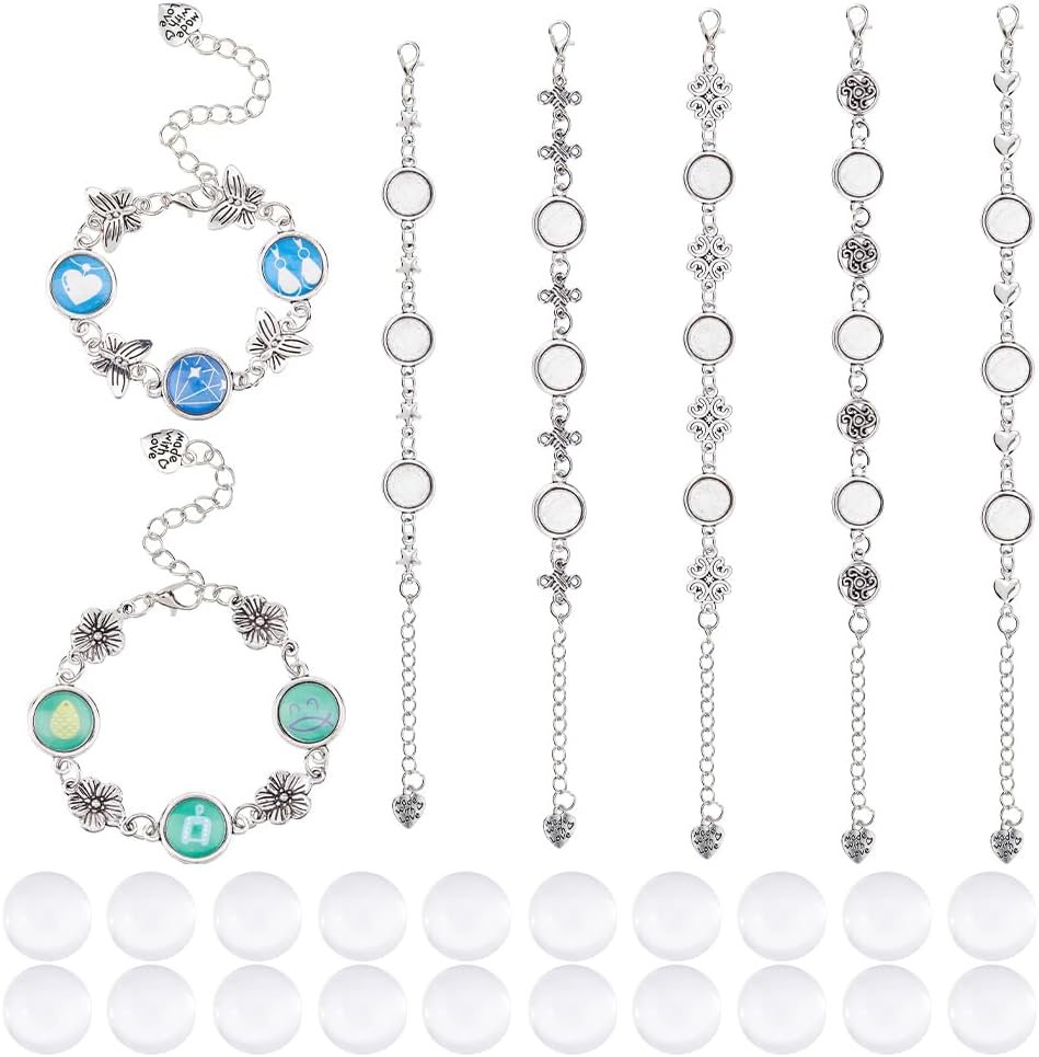 DICOSMETIC 7 Sets Bracelet Bezel Settings DIY Blank Bracelet Making Kit 12mm Alloy Tray Bracelet Blanks Jewelry Base Cabochon Tray with Flower Chain Metal Butterfly Star Bracelet for Jewelry Making