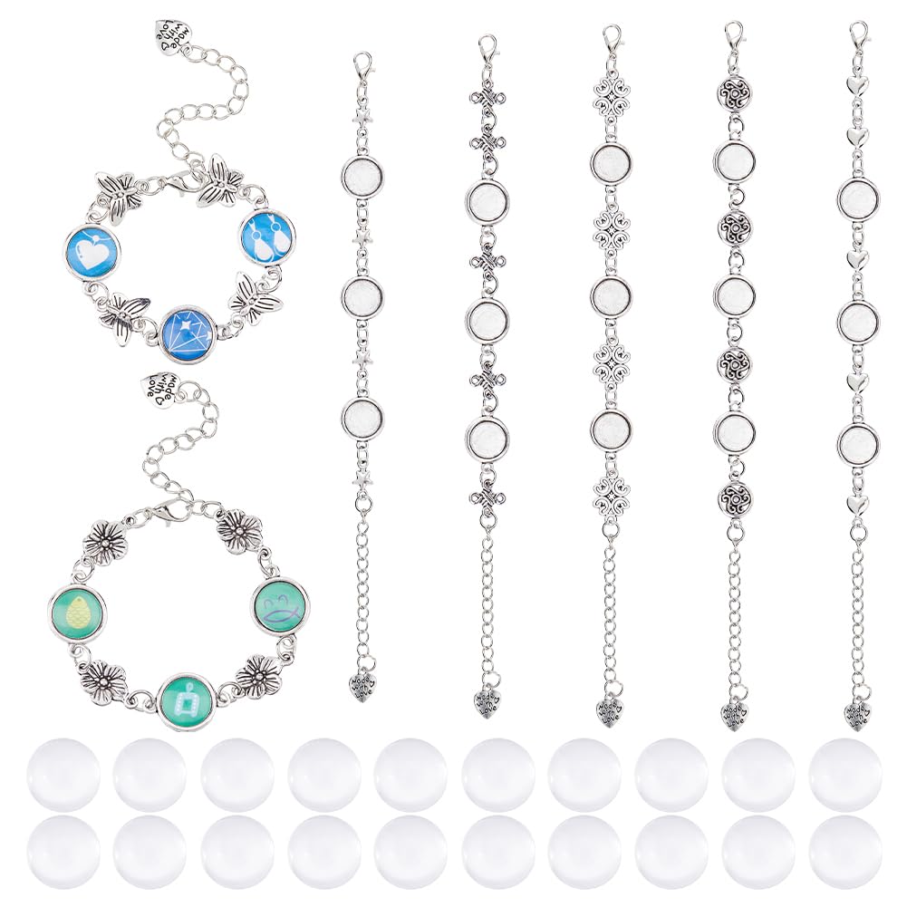 DICOSMETIC 7 Sets Cabochon Bracelet DIY Blank Bracelet Making Kit 12mm Alloy Tray Bracelets Blanks Jewelry Base Cabochon Tray with Flower Chain Metal Butterfly Star Bracelets for Jewelry Making
