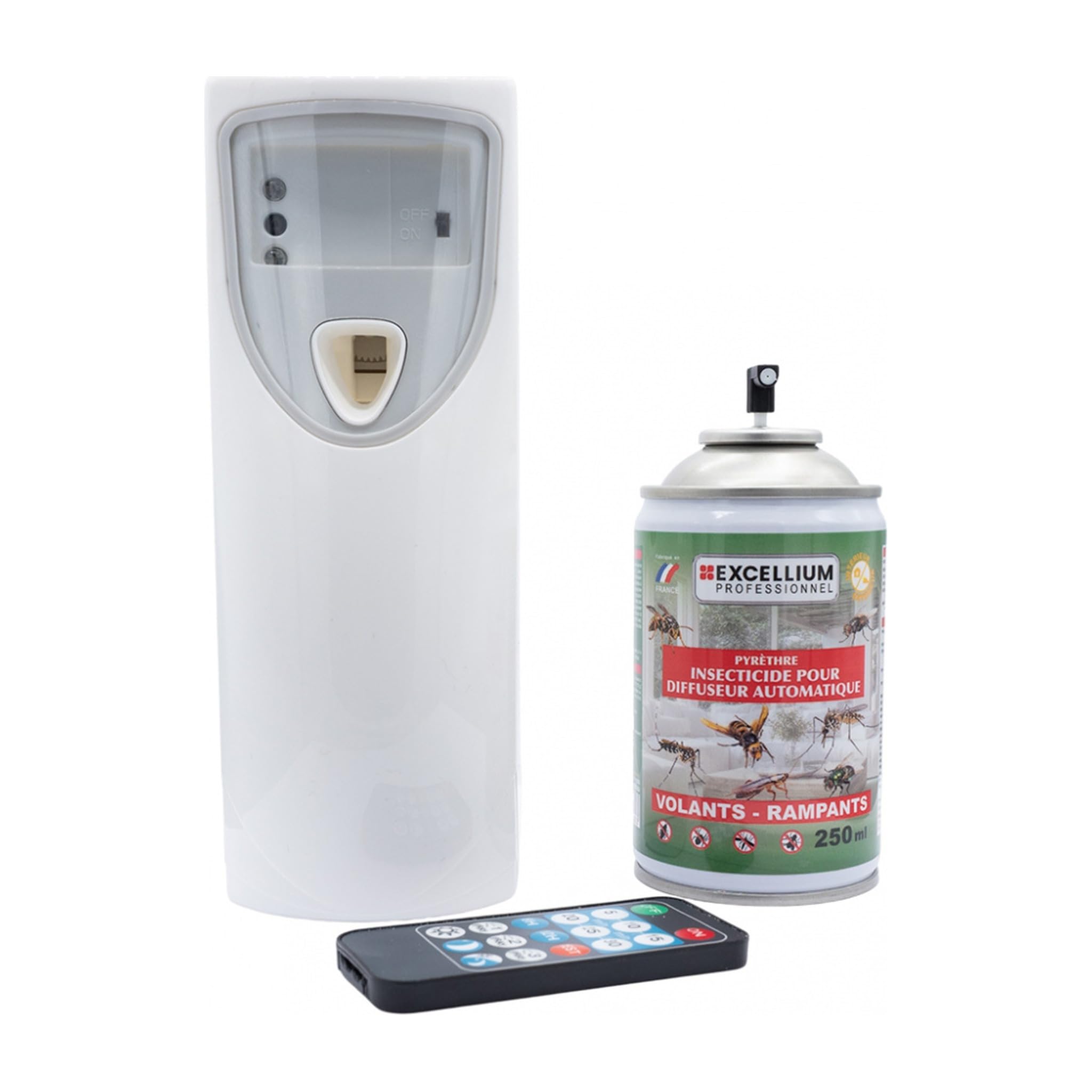 EXCELLIUM PROFESSIONNEL Kit Diffuseur Automatique Insecticide 250 ml | Programmable, télécommande incluse, pyrèthre, volants et rampants, jusqu'à 2500 pulvérisations, environ 3 mois, 30 m²
