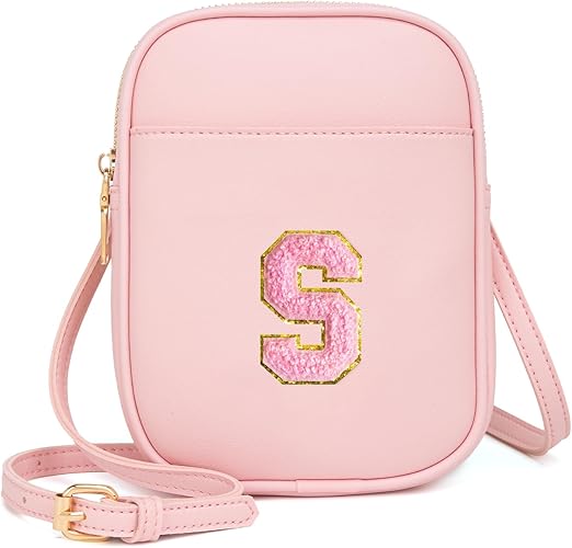 Toddler Purse Initial Crossbody Bags for Girls 3 Pockets PU Leather Cross Body Bag Crossbody Purse Handbag Personalized Preppy Teen Girl Gifts Trendy Stuff (Light Pink S)