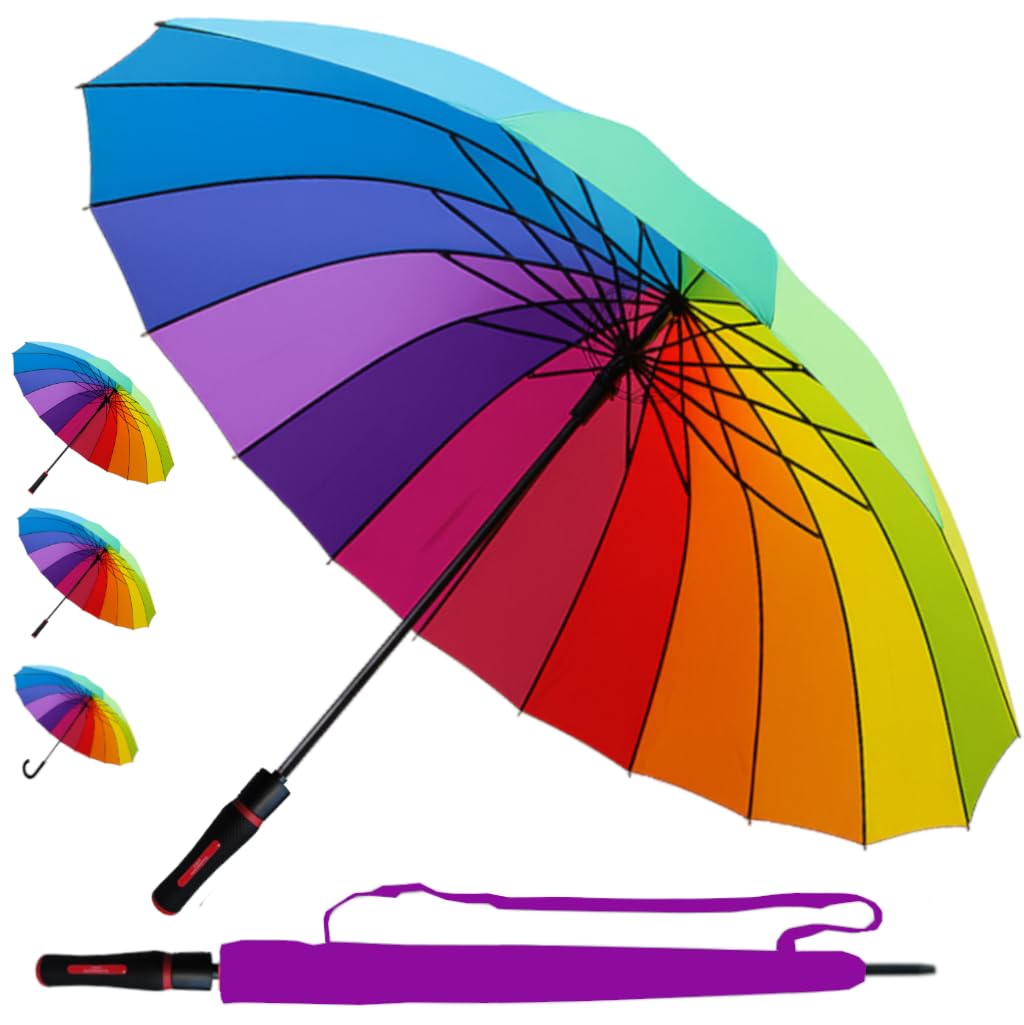 Windproof Strong Umbrella 60MPH - 16 Ribs For Super-Strength - Best Triple Layer Reinforced Frame with Fiberglass - Rainproof Straight Auto Open Rainbow Men Women - Straight Handle - Large Size Canopy