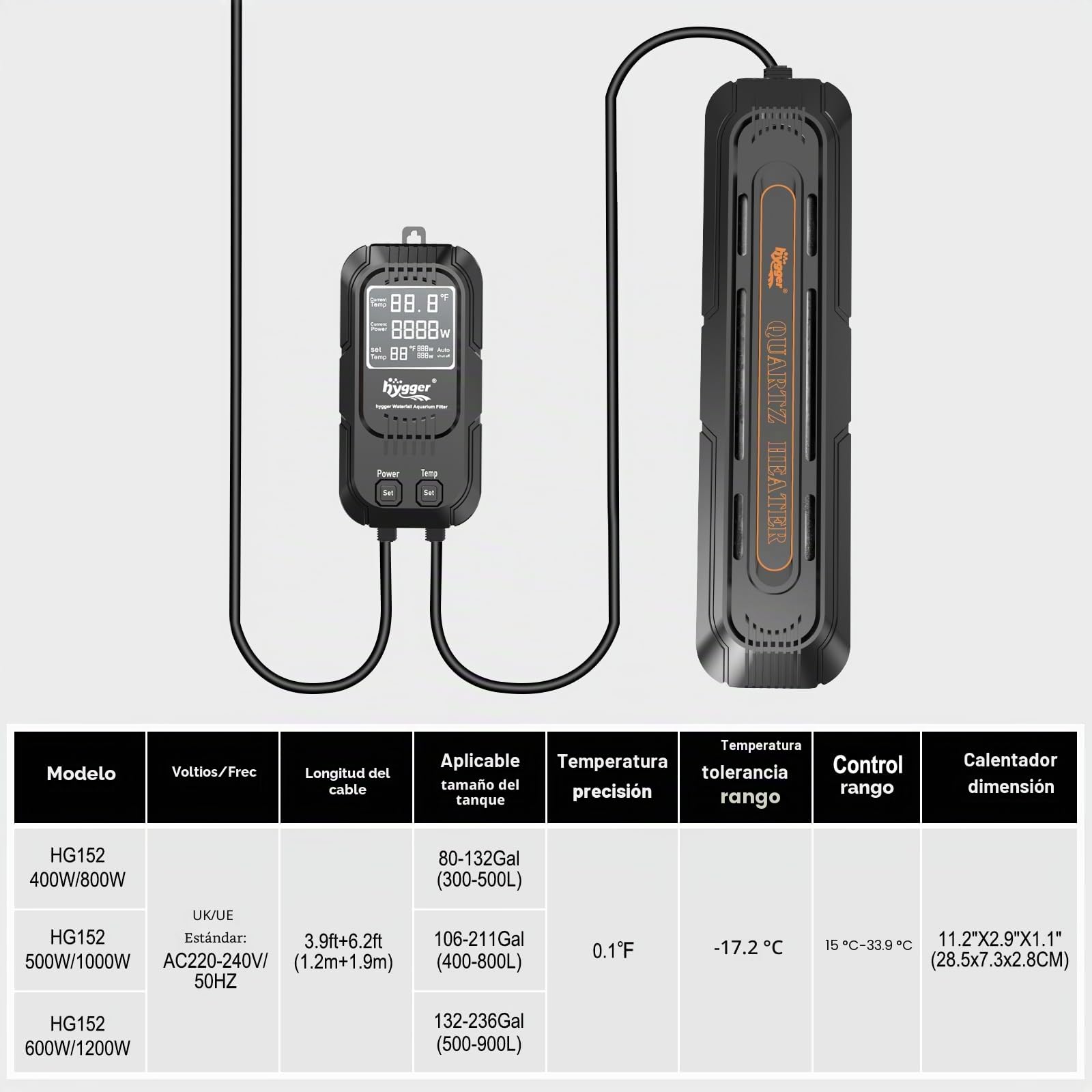 Hygger Calentador Acuario para Pecera Potencia Regulable 600W/1200W,Calefacción para Acuario Sumergible Calentador con Controlador Digital de Agua Dulce y Aalada de 500-900 litros