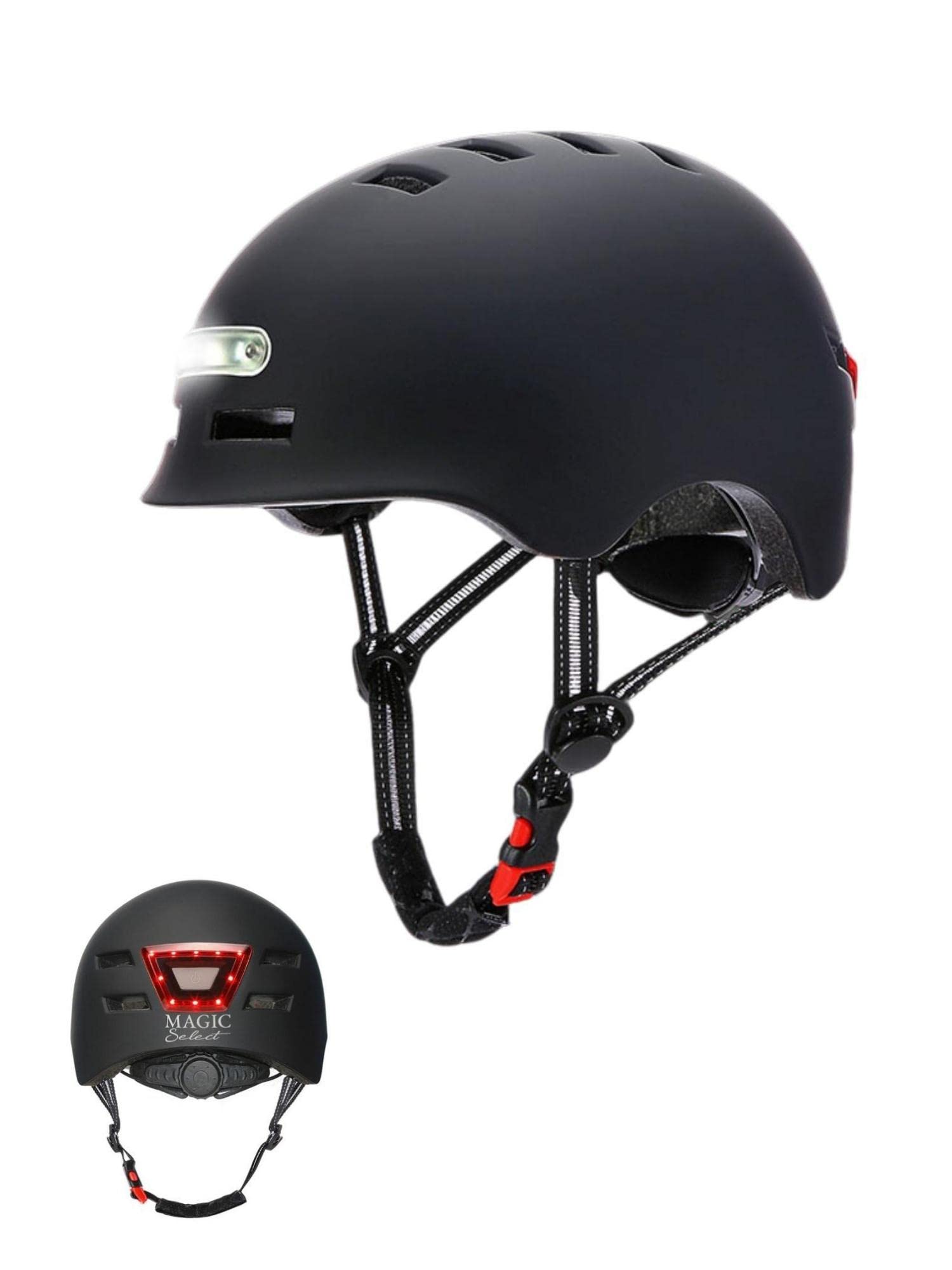 Casco de Ciclismo con Luz Advertencia Roja + Luz Frontal Blanca. Casco de MTB, Bicicleta, Patinete; Ligero con Forro Desmontable, Carcasa de PC + EPS, 14 Respiraderos y Cable USB Carga.