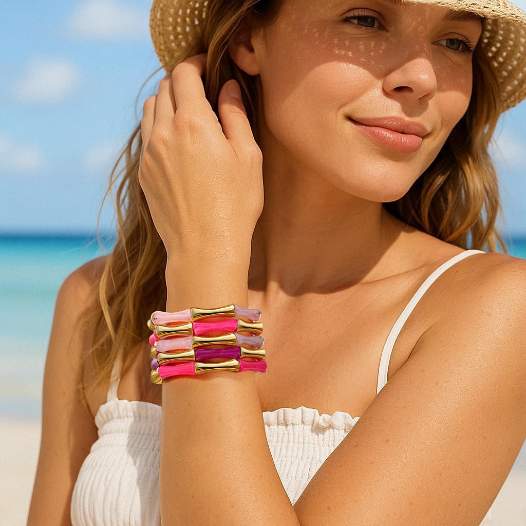 Gold Tube Bangle Bracelets for Women Stackable Bamboo Chunky Acrylic Beads Stretch Friendship Summer Beach Bracelet Jewelry - Image 3