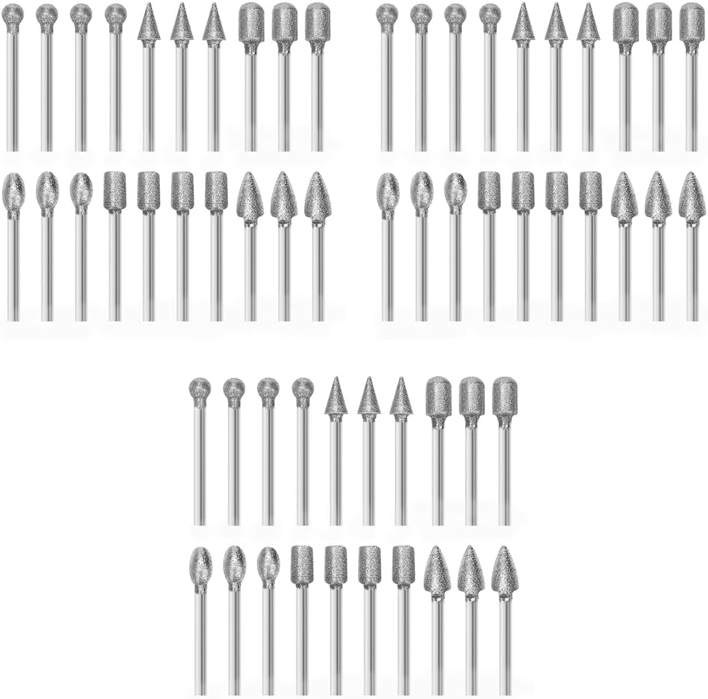 Serplex 20PCS Diamond Drill Bit Set Stone Carving Rotary Tool Polishing Bits with 1/8 inch Shank 6 Designs Flat-Faced Head Spear Tip Ball Tips Tapered Round Oval