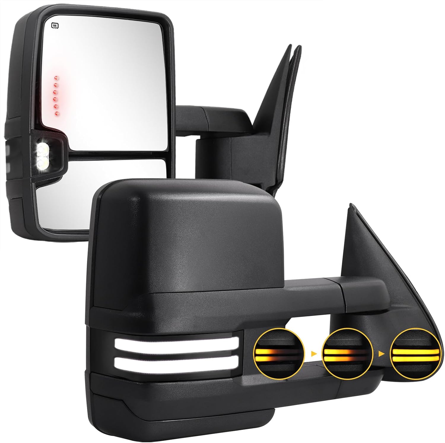 Towing Mirrors Switchback Lights Compatible with 2003-2007 Chevy Silverado GMC Sierra Tow Mirrors with Turn Signal Running Lights Power Glass Backup Lamp Heated Pair (Black Textured)