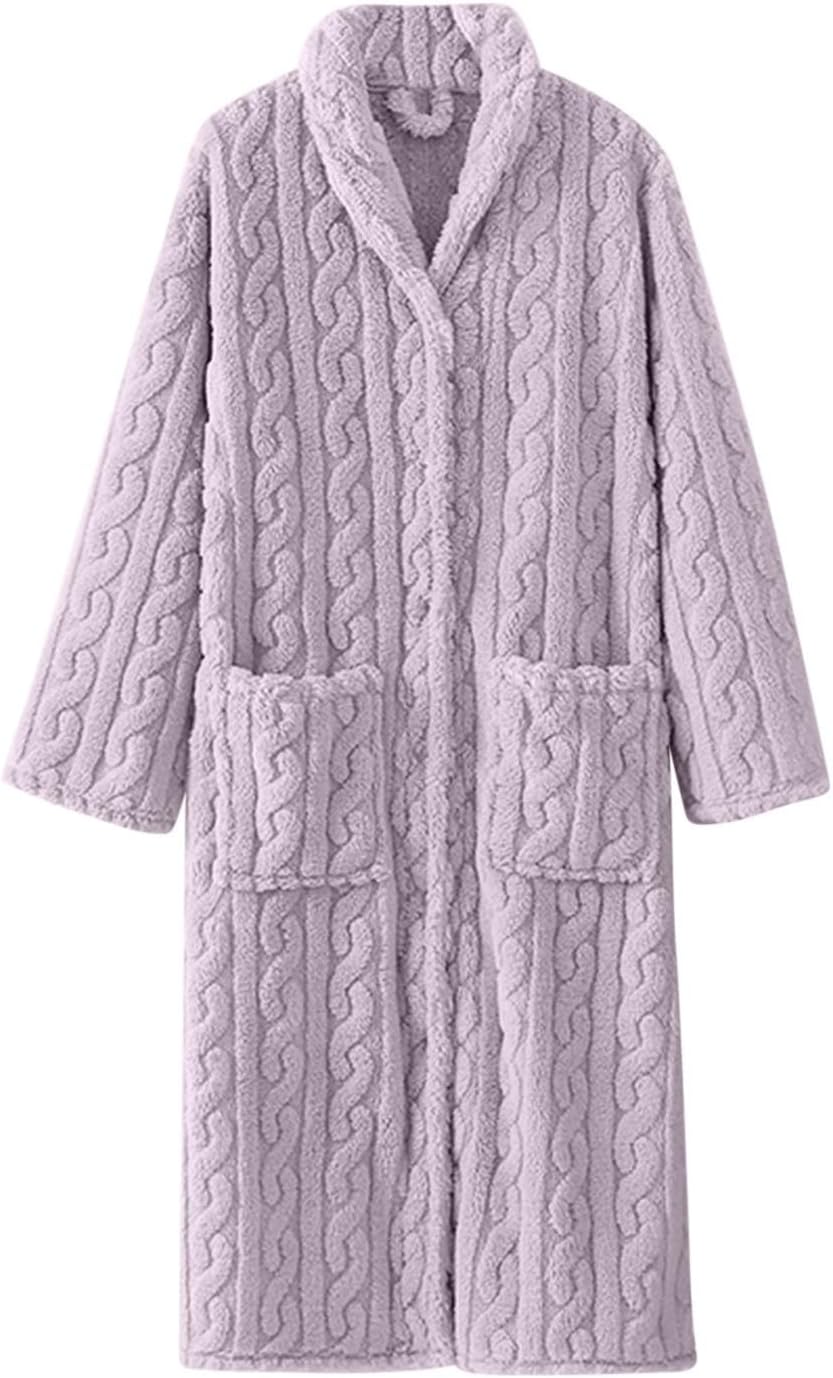 Womens Long Fleece Robe Soft Comfy Button Down Flannel Jacquard Dressing Gown Loose Casual Fluffy Thermal Nightwear Robe Winter Daily Home Fuzzy Loungewear