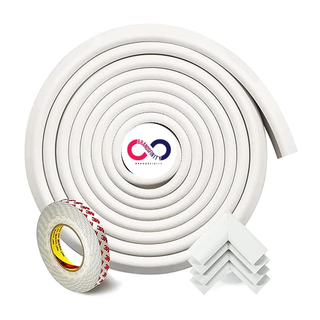 BRANDSFINITYBaby Safety Table Edge Guard Foam Strip (2 Meters) & Corner Protectors (4 Pcs) & 3M Double Sided Tape (4M) Combo for Furniture Table Edges Baby Proofing Corner Guard Set, Beige