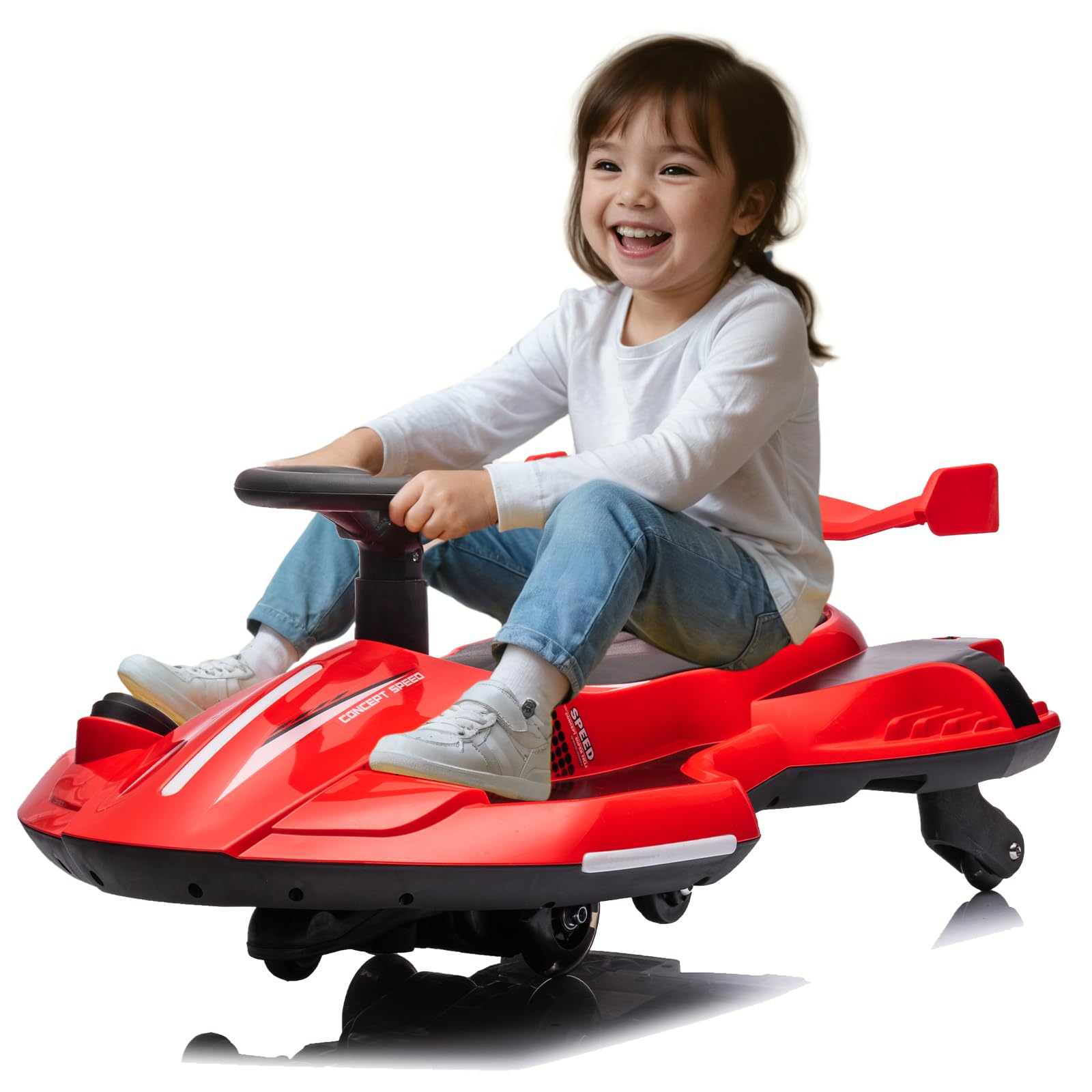 12V Ride On Go Kart, Electric 360-Degree Rotation Drift Car, Ride On, 3.8-4.3MPH, Maximum Load 110 LBS, Pedal Control Spray Design, Music, Bluetooth (Red)