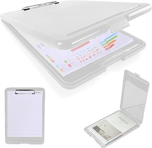SAYEEC Caja de almacenamiento portátil para portapapapeles, organizador de archivos multifuncional transparente A4 con clip de placa, soporte de