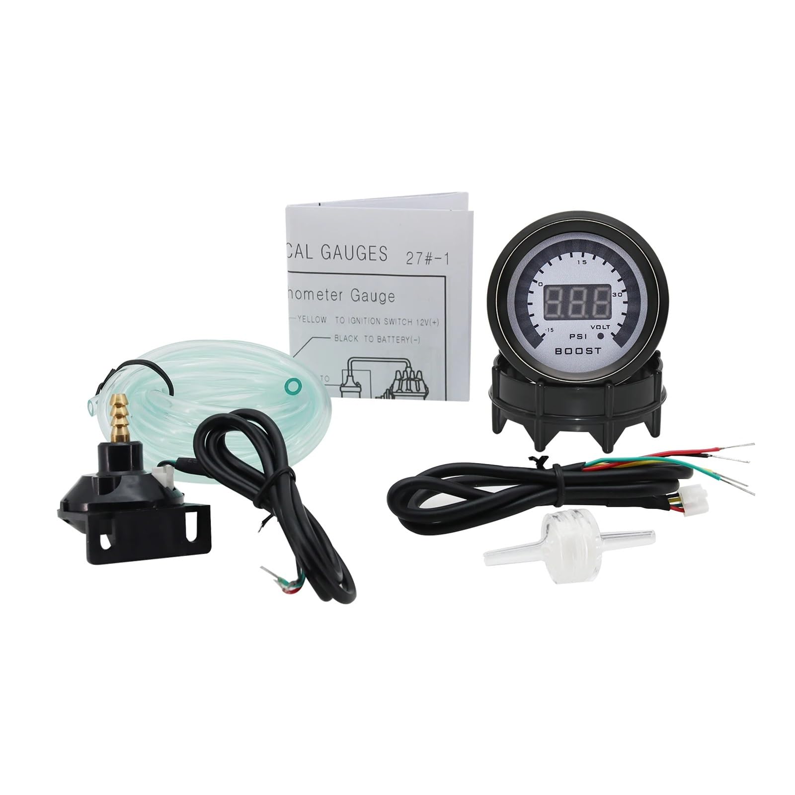 Ciśnieniomierz, Wskaźnik ciśnienia doładowania HD cyfrowy PSI BAR wskaźnik Turbo Boost woltomierz 52mm 12V LED, zestaw wyścigowy Turbo regulator ciśnienia(Boost gauge bar)