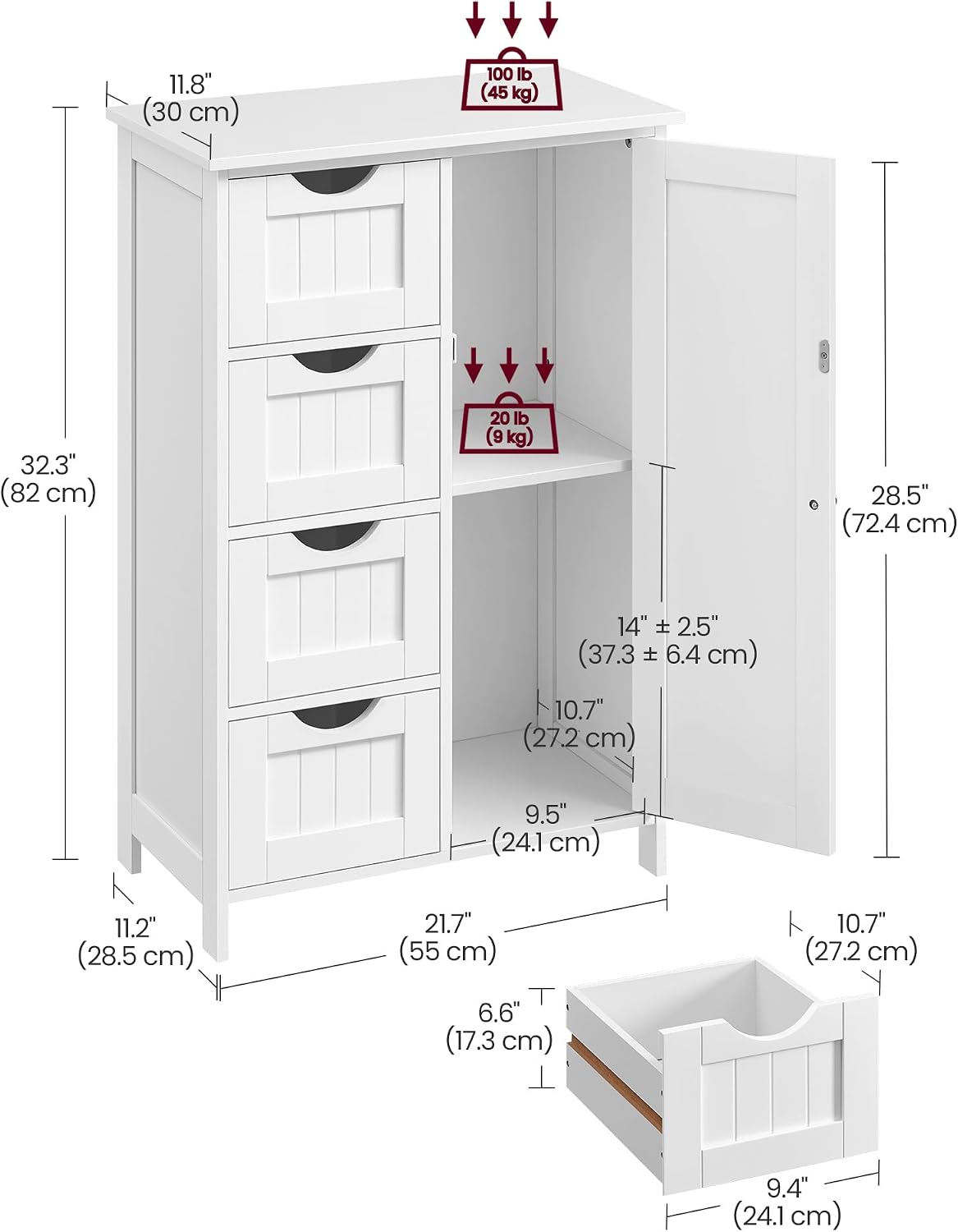 VASAGLE Bathroom Floor Storage Cabinet, Wooden Storage Unit with 4 Drawers, Single Door, Adjustable Shelf, for Living Room, Kitchen, Entryway, White LHC41W