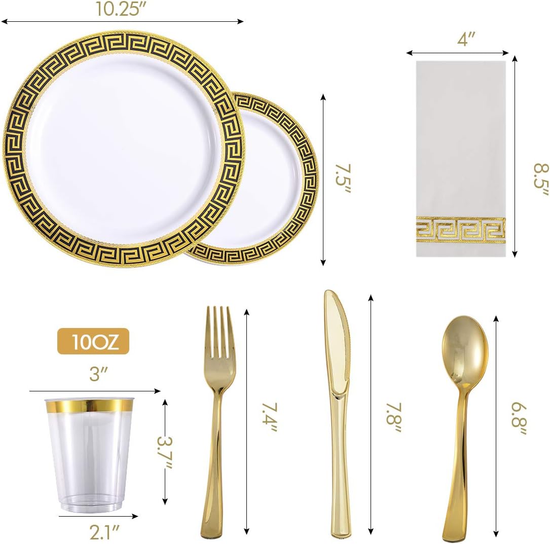 Vplus 175 PCS White and Gold Disposable Dinnerware Sets for Party 25 Guests Include 25 Dinner Plastic Plates 25 Dessert Plates & 25 Linen Like Gold Paper Napkins & 25 Gold Plastic Silverware Sets