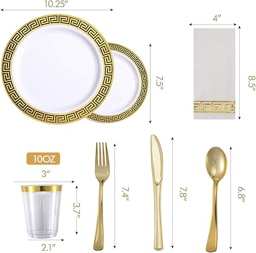 Miniatura 4 de Juego de vajilla desechable de 175 piezas de color blanco y dorado para fiestas, 25 invitados, incluye 25 platos de plástico, 25 platos de postre y