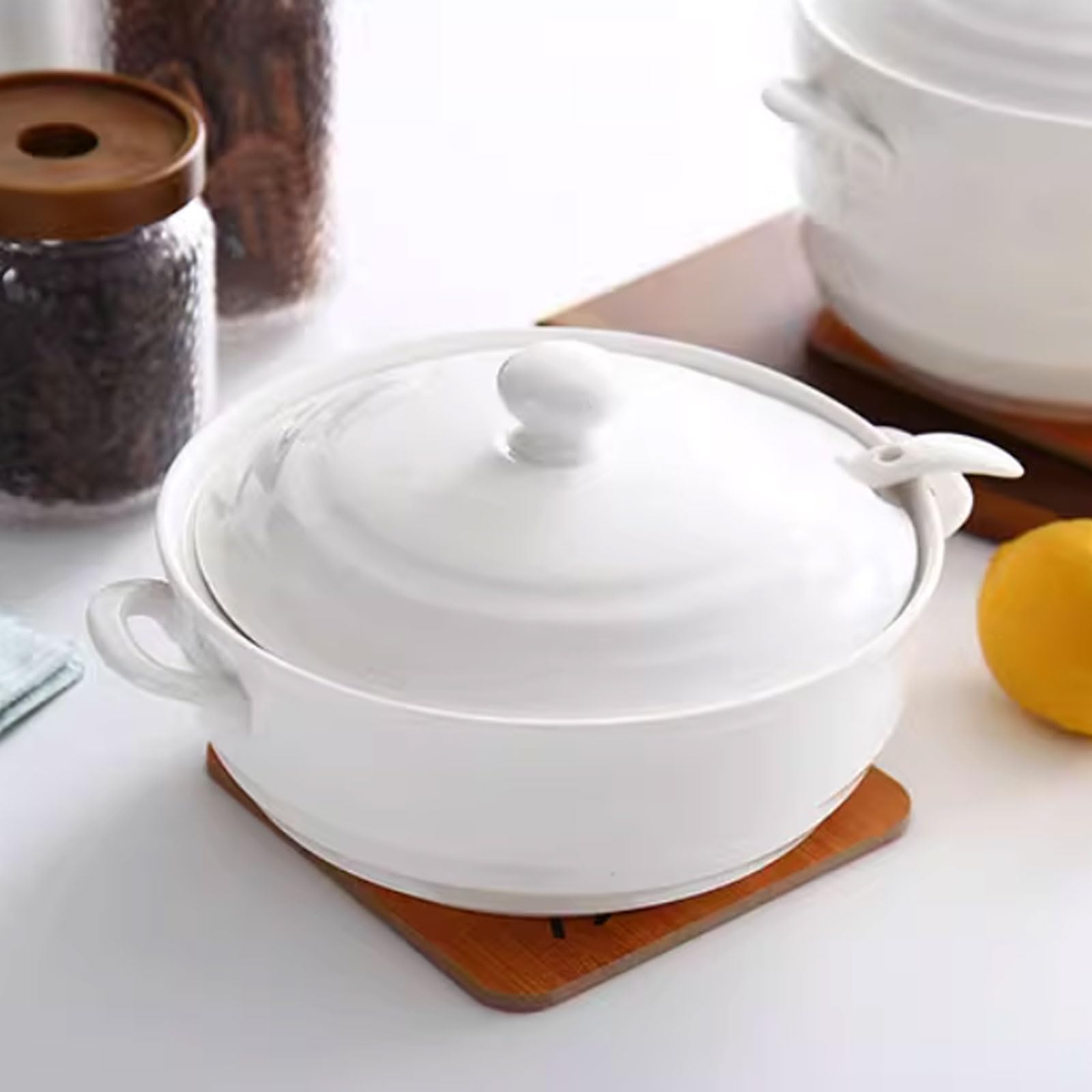 Zuppiera in Ceramica con Coperchio,Zuppiera in Ceramica con Coperchio e Manici,Zuppiera con 2 Maniglie E Coperchio,zuppiere con Maniglie Cucchiaio in Ceramica Porcellana.