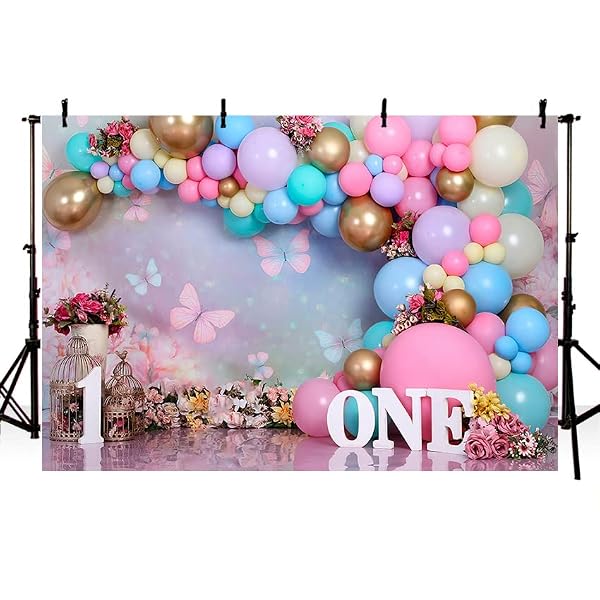 First Birthday Backdrop for Girl - Baby Girl 1st Birthday Cake Smash Decorations Photo Backdrop for 1 Year Old Baby Shower Photo Shoot Props,Vinyl,7x5ft by Mivor - Used condition - Image 4