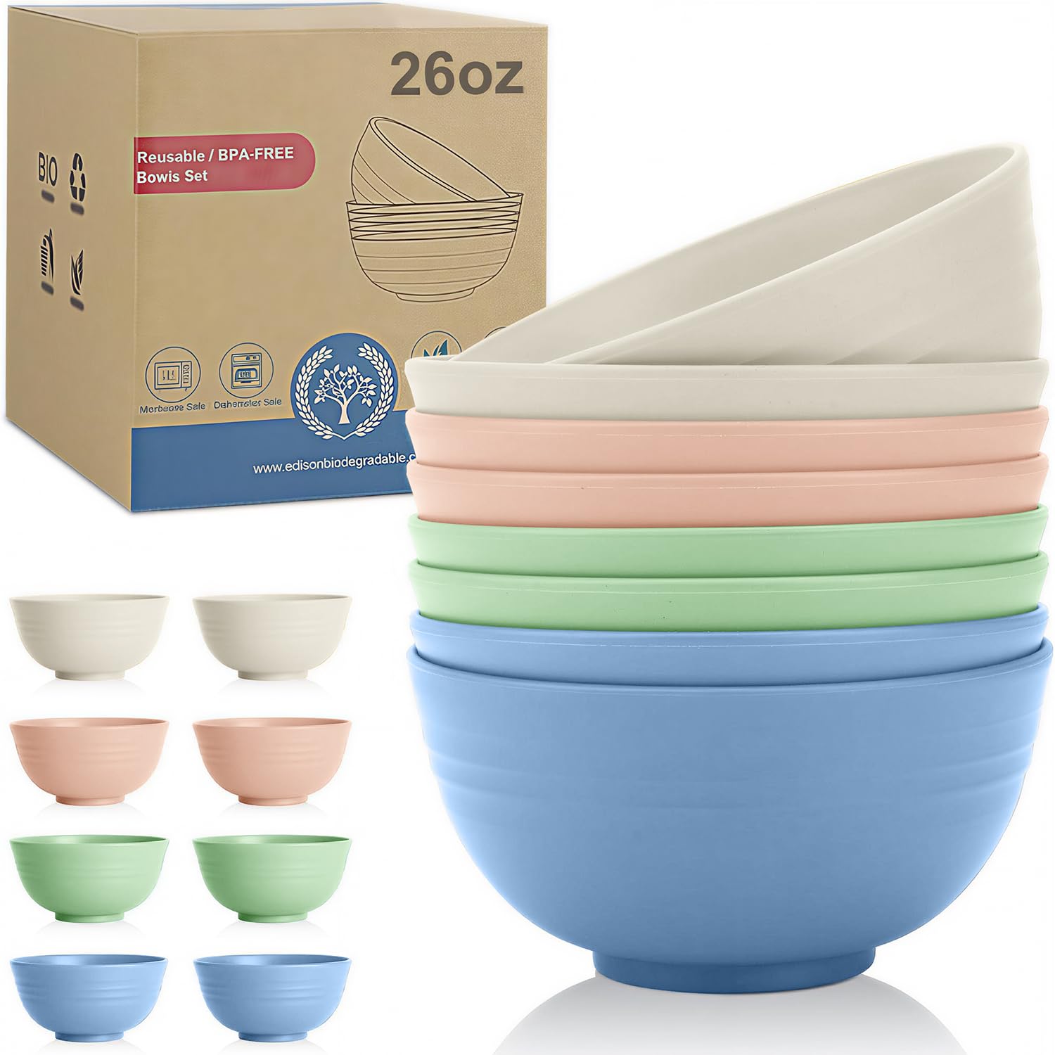 Wrova Plastic Bowl Sets 8 PCS Unbreakable Cereal Bowls 26 OZ, Microwave and Dishwasher Safe Bowls Set Serving Bowl Suitable for Cereal, Salad and Ramen - Colorful