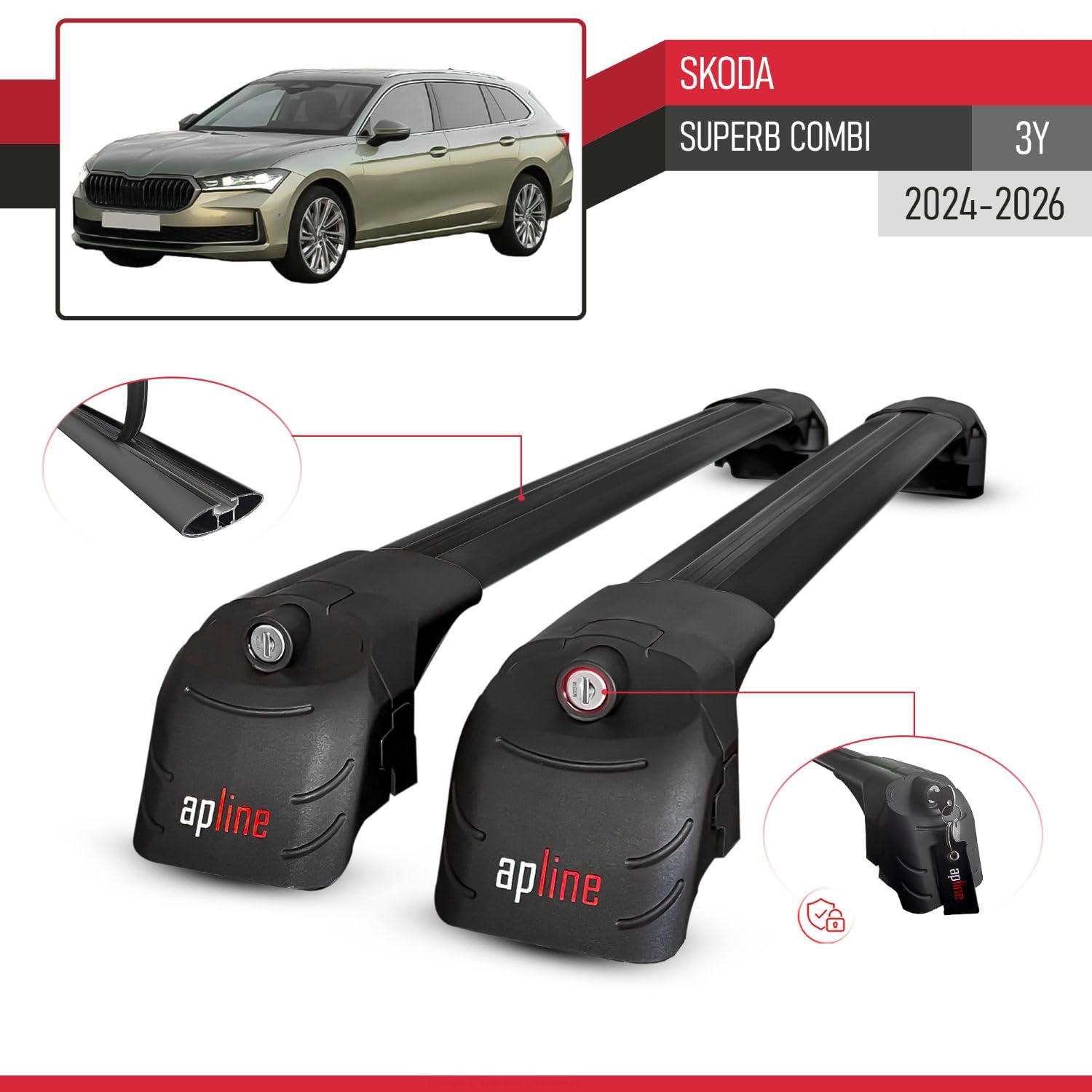 Kompatibel mit Skoda Superb Combi (3Y) 2024-2026 ACE-2 Typ Relingträger Dachträger Auto Gepäckträger Schwarz Aluminium Barren