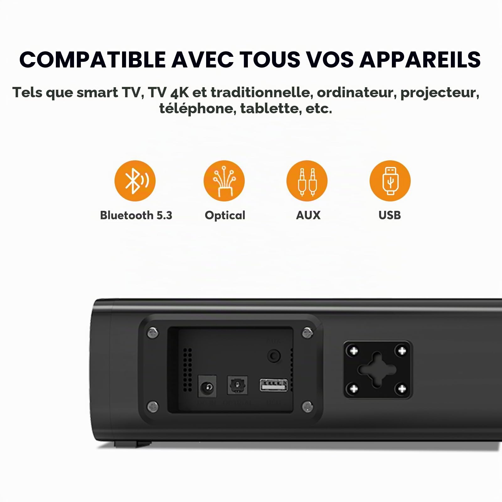 Petites barres de son 2.1 canaux pour TV avec 6 niveaux d'amélioration de la voix, caisson de basses intégré, haut-parleurs de barre de son BT de 16 pouces avec connexion optique/AUX/USB, S100