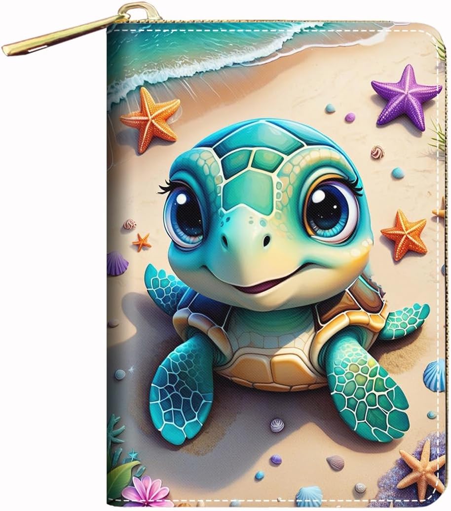 RFID Small Credit Card Holder Wallets for Women, Slim Leather Card Case Wallet with Zipper Accordion Wallets, Cute Baby Sea Turtle