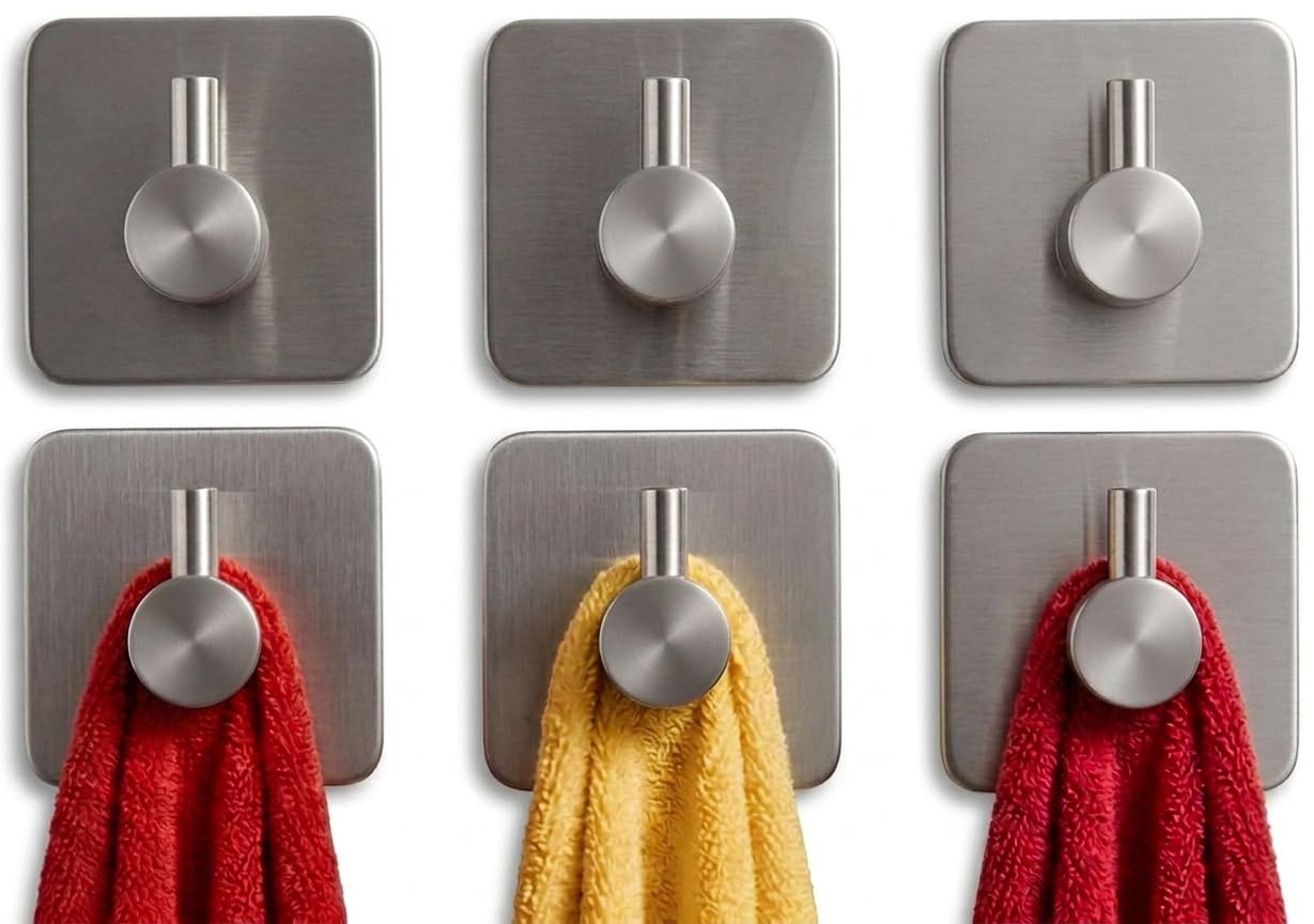 edihome, Ganchos Adhesivos para Pared, de Acero Inoxidable, Colgadores Resistentes sin Taladro, Diseño Cuadrado Moderno para Baño Cocina, Negro Blanco Gris (4, Plata) — view 9