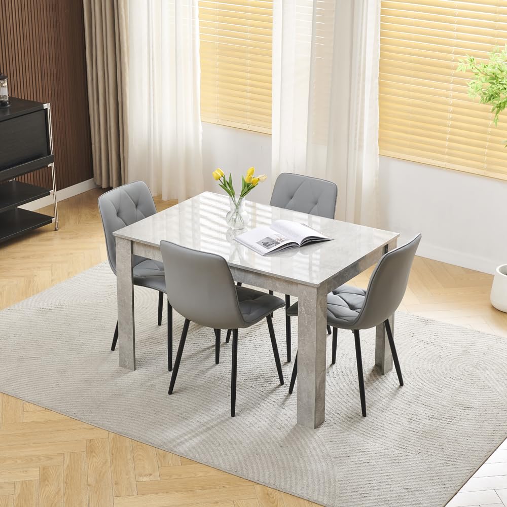 Homullel 120cm Glossing Dining Table and 4 Chairs, 4 Seater Kitchen Table and Chairs Set for Space Saving, Compact Dining Room Set for 4, 120x80 cm, Wooden, Beton Grey (4 Seaters, PU Diamond Grey#5) โ image 1