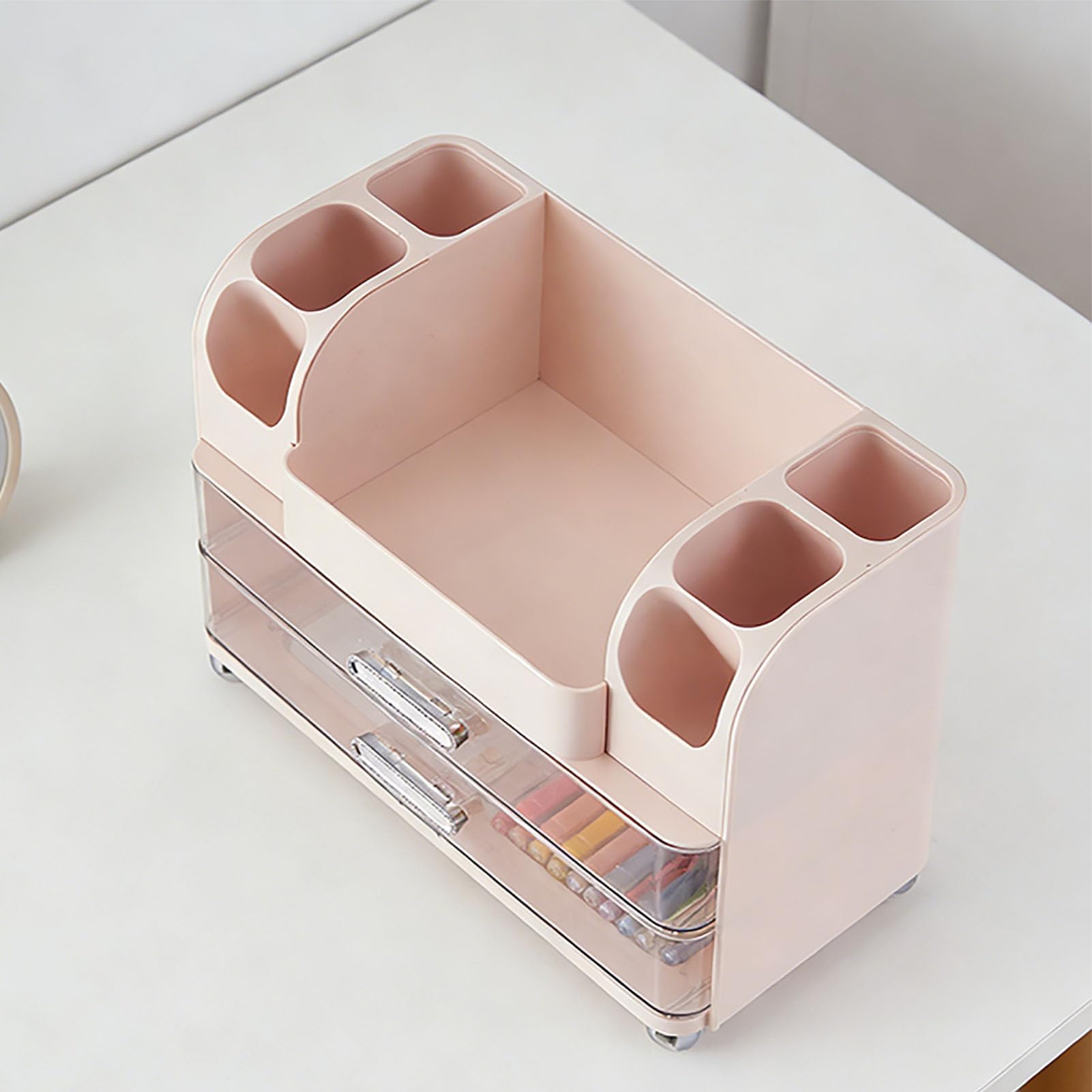 TOPINCN Organizador de Maquillaje, Gran Capacidad con 6 Compartimentos y 2 Cajones Vitrina Cosmética a Prueba de Agua para Pintalabios, Brochas de Maquillaje, Cuidado de la Piel (Rosada)