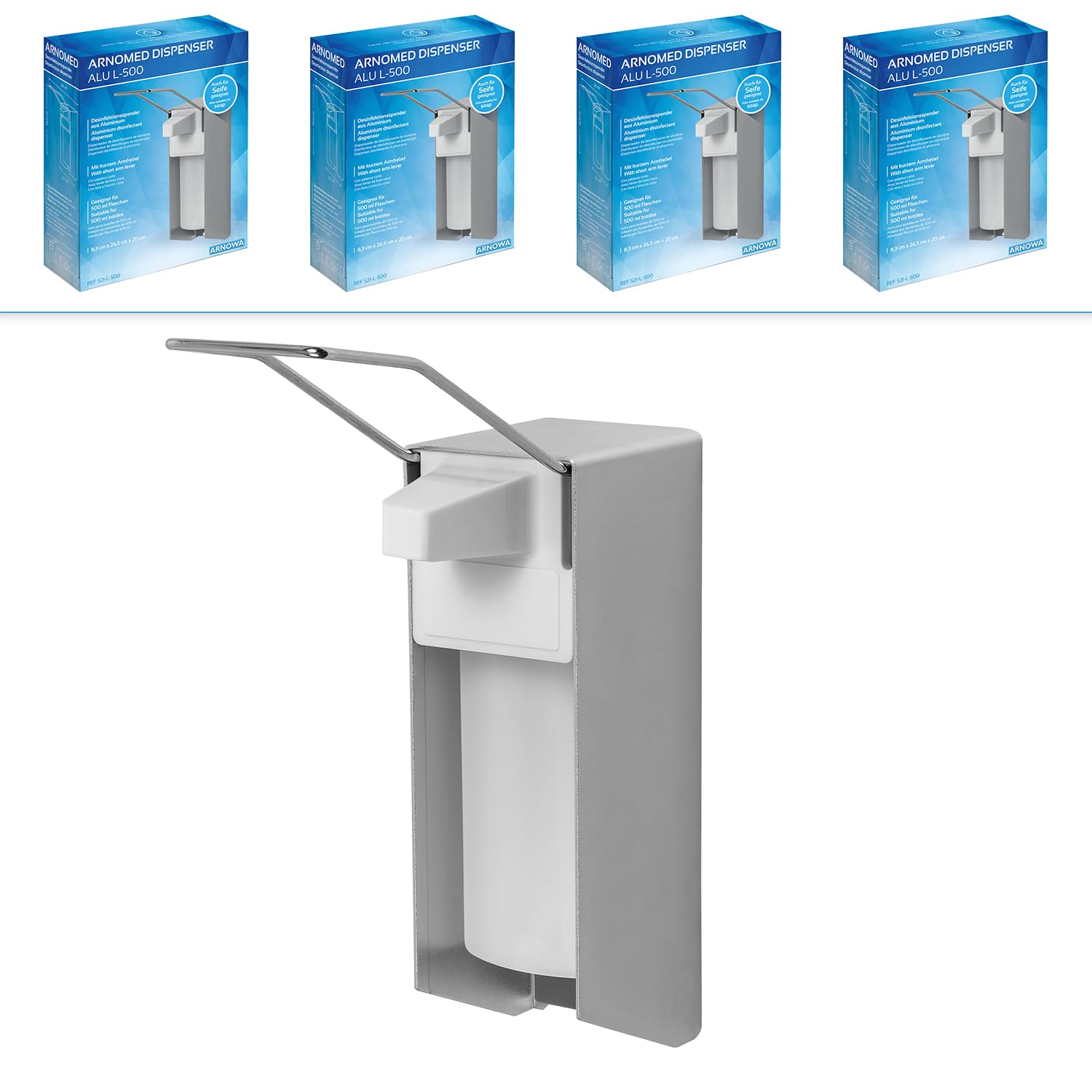 ARNOMED 4 Dispenser di sapone in alluminio, dispenser a muro gel disinfettante mani da 500ml, Euro dispenser con leva lunga, dispenser gel disinfettante mani parete, dispenser bagnoschiuma doccia