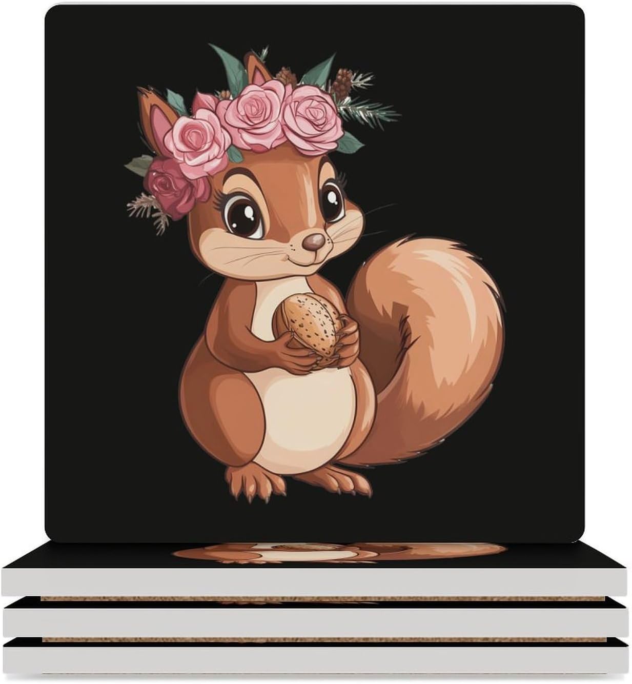 Cute Squirrel with Flowers Coasters for Drinks Square Table Coasters Set Cup Mats with Cork Base