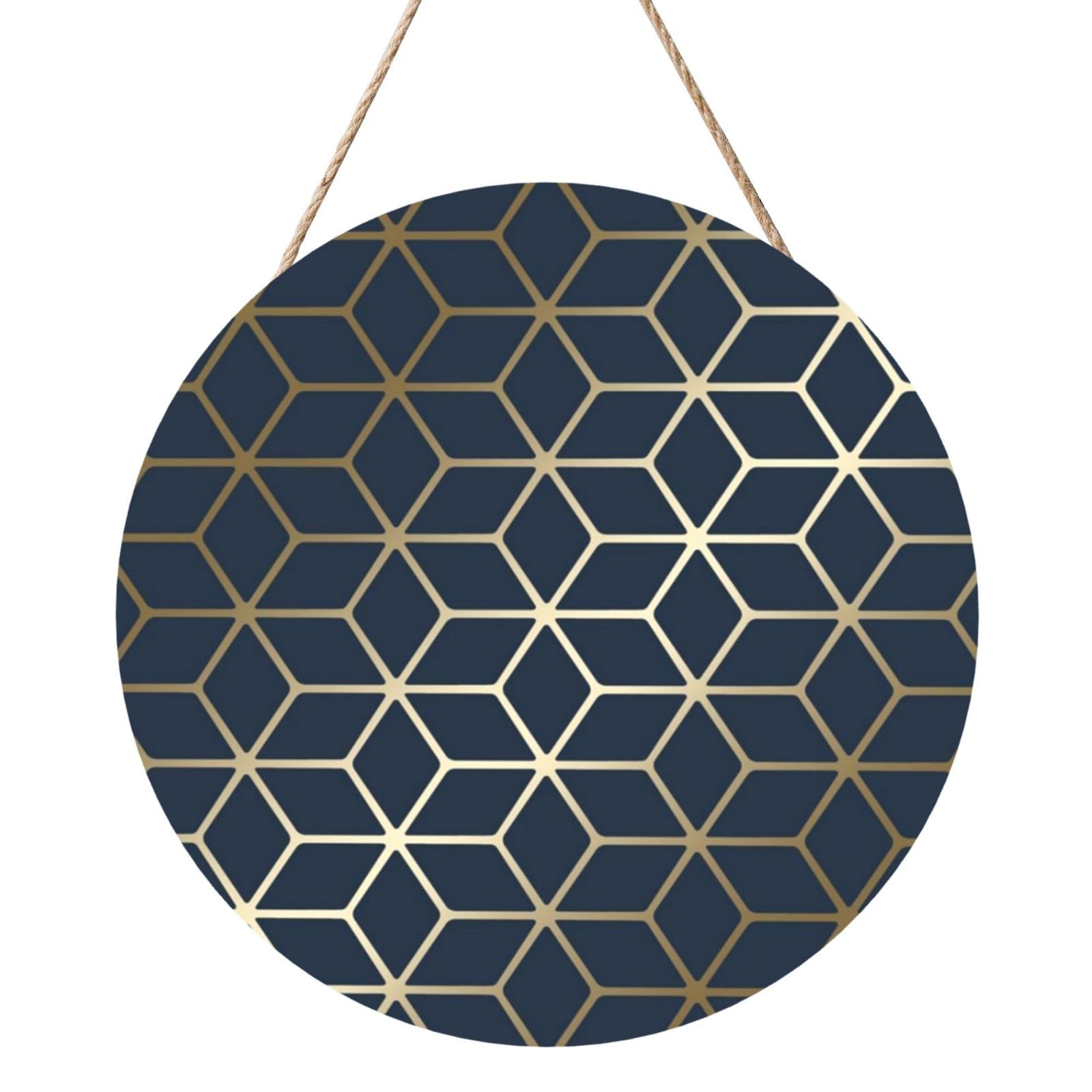 InOmak Navy Blue Gold, Round Wood Panel Painting 12 in, Wall Hanging Painting For Home