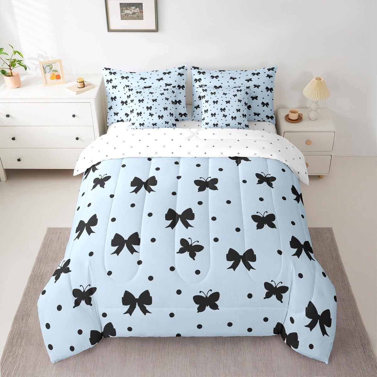 Erosebridal Bow Tie 7 Piece Bedding Set Twin Butterfly Dots Comforter Set with Sheets Cute Cartoon Simple Bowknot Bed in a Bag Kawaii Princess Fashion for Kids Girls Women