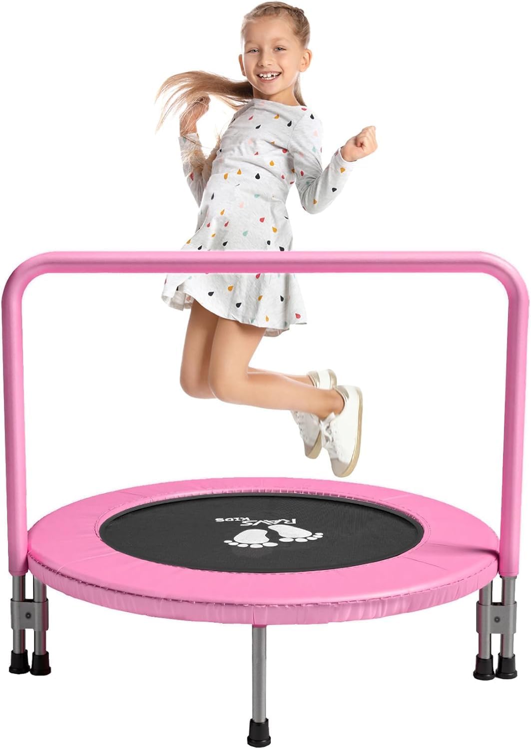 RAVS 36 inch Indoor Kids mini Trampoline for Toddler, Thicken Safety Pad, Updated Full Foam Covered Handle, Foldable Small Rebounder for Children Ages 1-6, Easy Quick Setup Jumping Playset, Pink