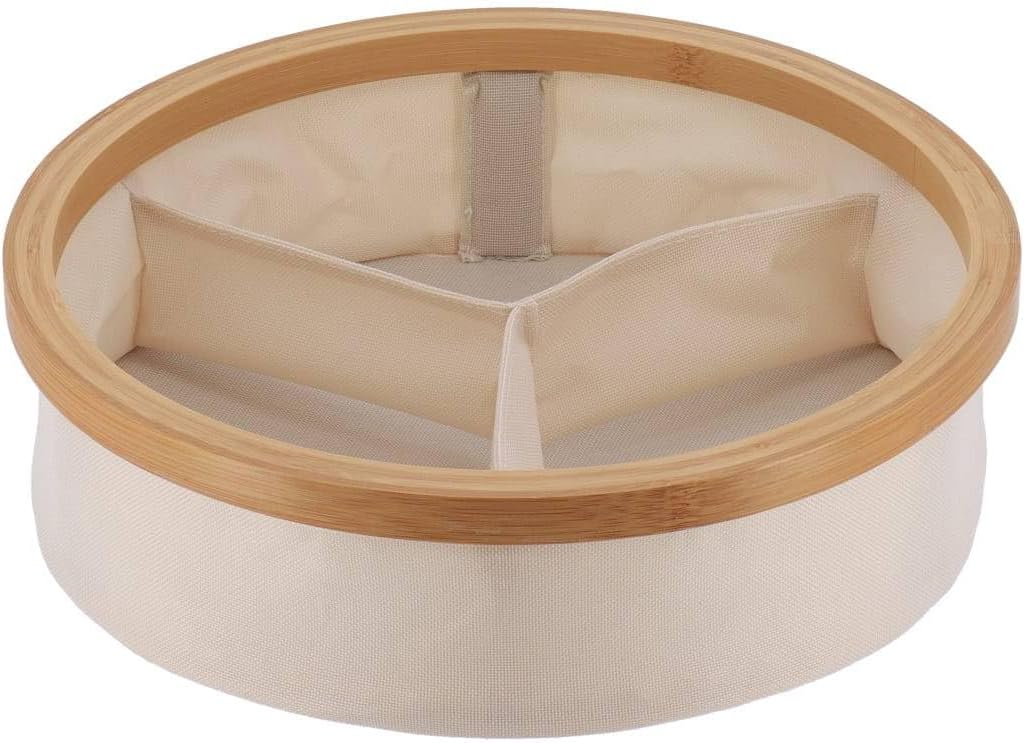 Round Foldable Storage Basket with Bamboo Frame and Ecru Fabric, 3-Compartment Organizer for Home and Office, Ideal for Bathroom Accessories, 12x12x4 inches, Set of 1