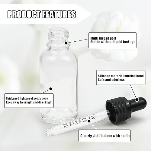 Miniatura 3 de Botella cuentagotas transparente de 2 onzas, 6 botellas redondas de vidrio con cuentagotas Boston y 2 cuentagotas de ojos medidos de 0.17 onzas