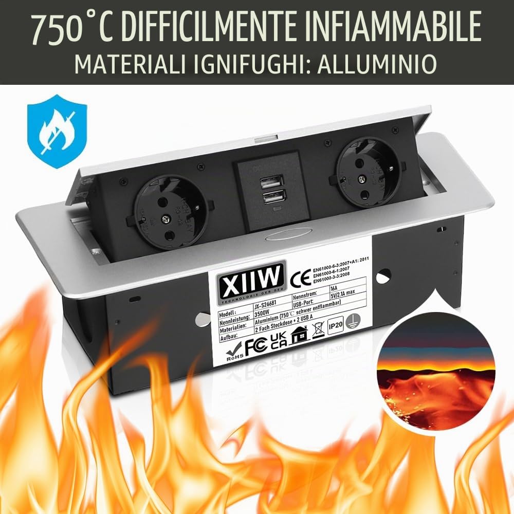 XIIW Ciabatta pop-up da incasso, Multipresa a scomparsa con 2 fori (tipo F) e 2 USB, 3500W/16A, alluminio resistente 750°C, cavo 1,8m per scrivania e piano lavoro, CEE 7/7 presa scrivania - No tipo L