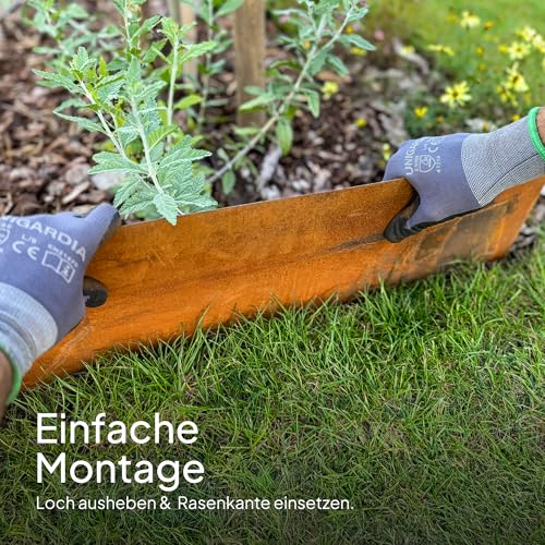 UNIGARDIA Rasenkante aus Cortenstahl 10 m - Beeteinfassung aus Metall 14 cm hoch - Einfache Montage - Beetumrandung mit Rost, 1 Paar Montagehandschuhe inklusive