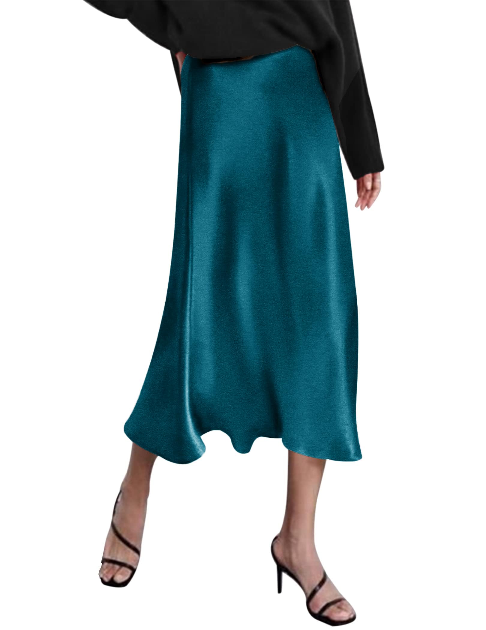 Zeagoo Gonne da donna in raso casual in seta gonna midi a vita alta gonne lunghe con cerniera elegante gonne da lavoro