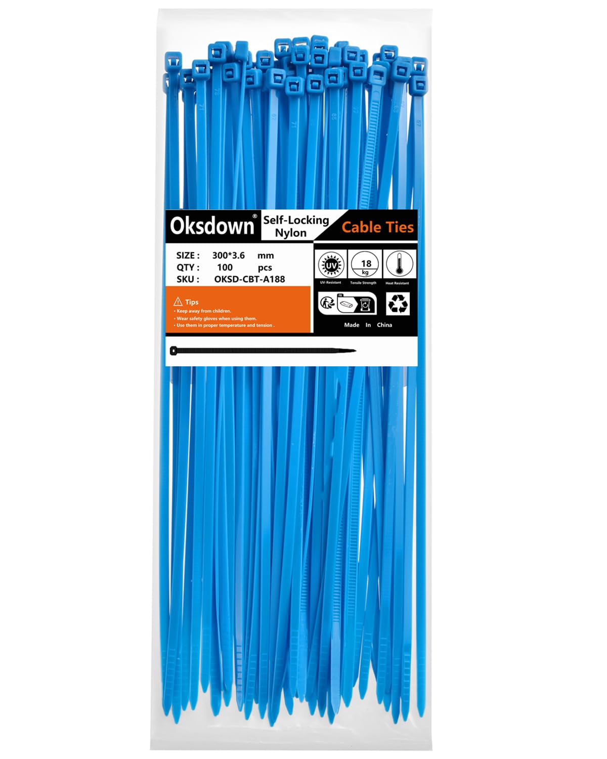 Oksdown 100 Pack Blue Plastic Cable Ties 300mm×3.6mm Heavy Duty Strong Nylon Premium Self Locking 12 inch/30 cm Long Zip Tie Wraps