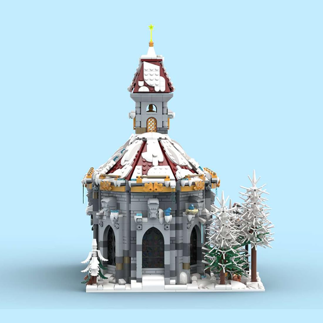 Winterdorf Kathedrale Architektur Bausteine mit verschneiten roten Dach, Uhrenturm, Weihnachten Modulares Haus Bau Gebäude Geschenke für Erwachsene zum Bauen, 3987 Teile Modulare Gebäude MOC-23856