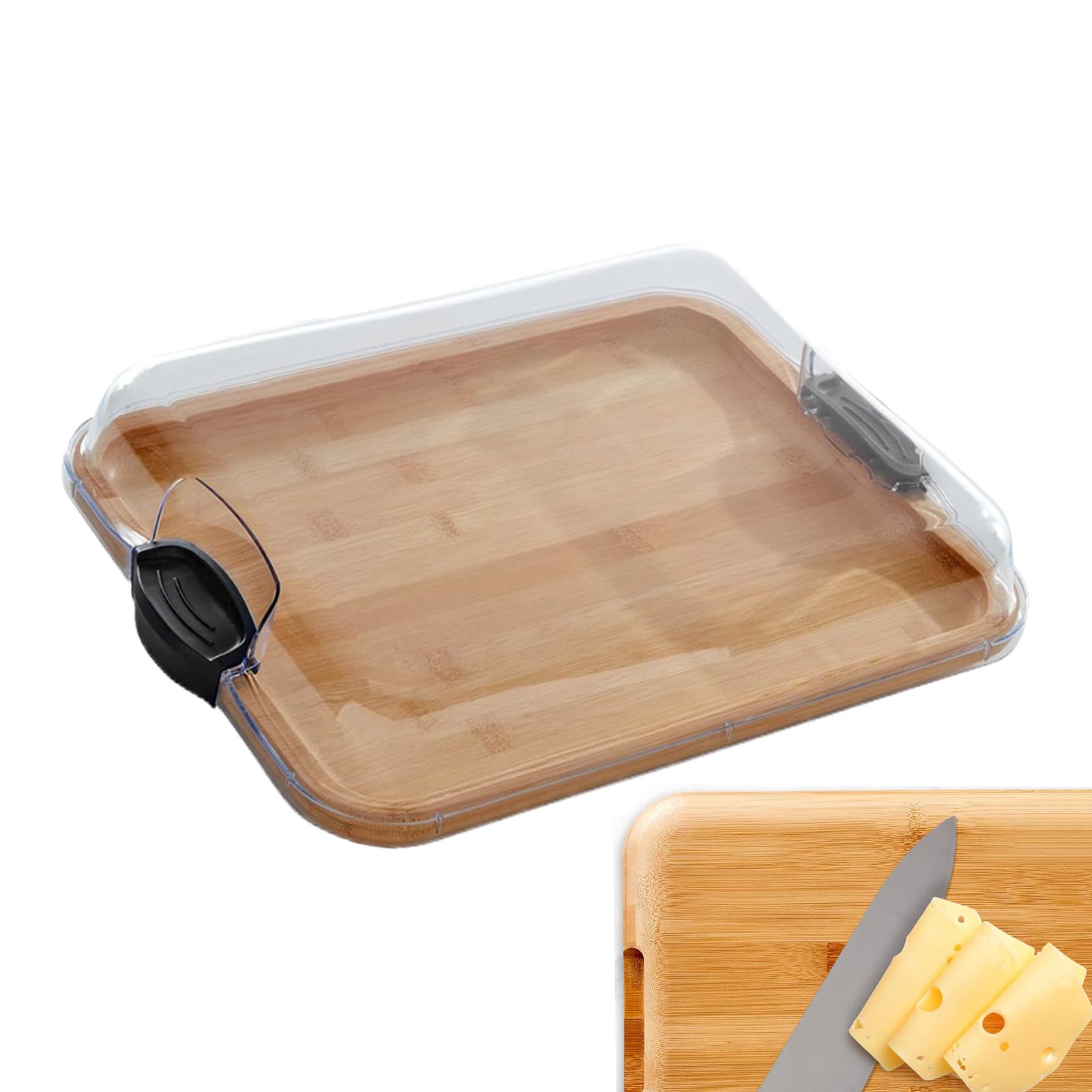 Tabla de queso con tapa transparente, bandeja de madera, para embutidos, con tapa con cierre, para preparar alimentos y servir ensalada de carne