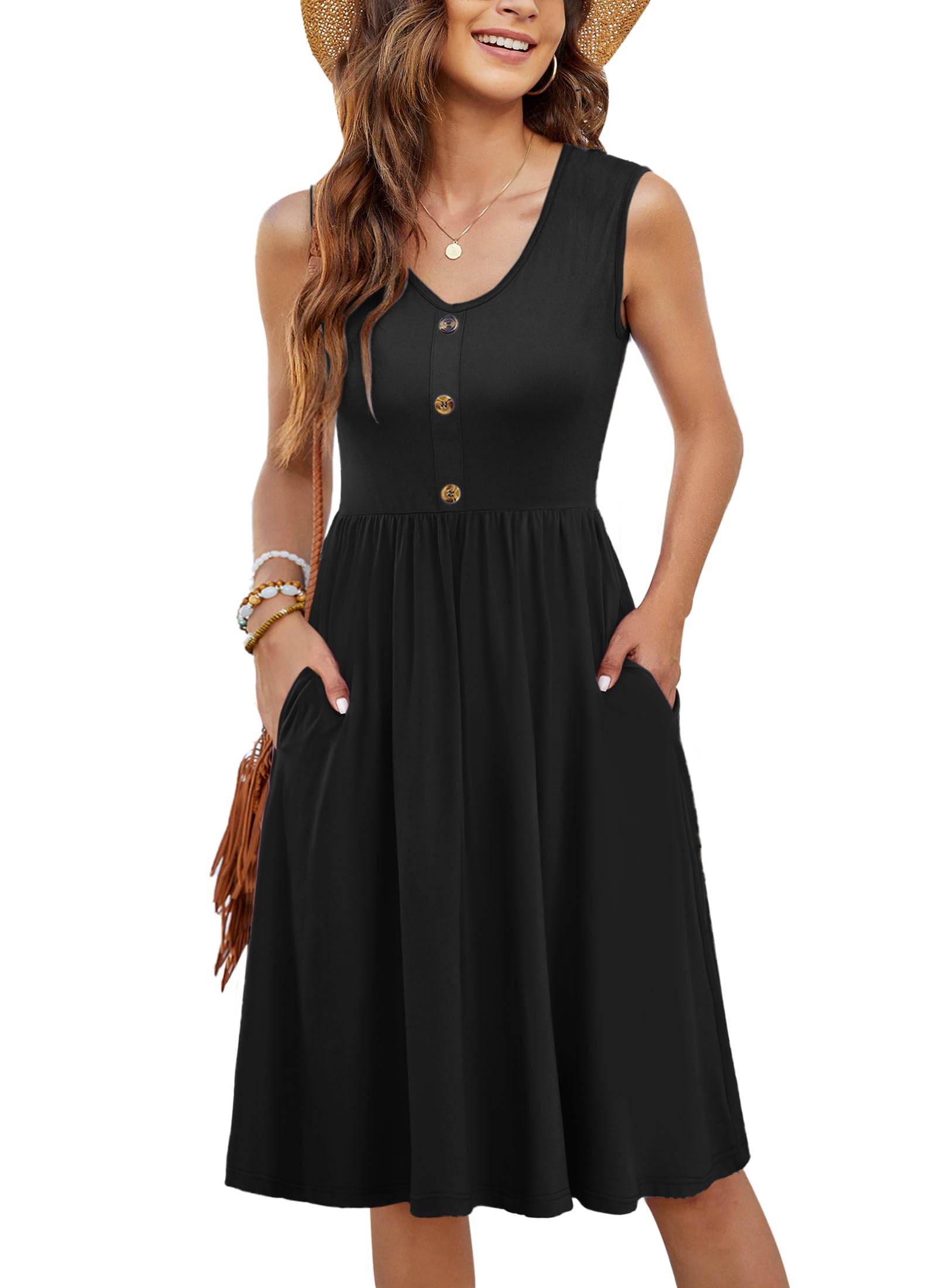 MOLERANI Women Summer Dresses Sleeveless Casual Loose Swing Button Down Midi Sundress with Pockets